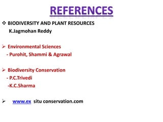  BIODIVERSITY AND PLANT RESOURCES
K.Jagmohan Reddy
 Environmental Sciences
- Purohit, Shammi & Agrawal
 Biodiversity Conservation
- P.C.Trivedi
-K.C.Sharma
 www.ex situ conservation.com
 