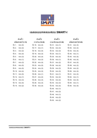 เฉลยแบบทดลองสอบ SMART-I
เฉลยแบบทดลองสอบ SMART-I
ส่วนที่ 1
คณิตศาสตร์ (1-15)
ส่วนที่ 2
การอ่าน (16-30)
ส่วนที่ 3
ภาษาอังกฤษ (31-50)
ส่วนที่ 4
คณิตศาสตร์ (51-65)
ข้อ 1. ตอบ (5) ข้อ 16. ตอบ (4) ข้อ 31. ตอบ (1) ข้อ 51. ตอบ (3)
ข้อ 2. ตอบ (4) ข้อ 17. ตอบ (1) ข้อ 32. ตอบ (3) ข้อ 52. ตอบ (2)
ข้อ 3. ตอบ (2) ข้อ 18. ตอบ (5) ข้อ 33. ตอบ (3) ข้อ 53. ตอบ (4)
ข้อ 4. ตอบ (4) ข้อ 19. ตอบ (3) ข้อ 34. ตอบ (1) ข้อ 44. ตอบ (1)
ข้อ 5. ตอบ (3) ข้อ 20. ตอบ (4) ข้อ 35. ตอบ (4) ข้อ 55. ตอบ (5)
ข้อ 6. ตอบ (1) ข้อ 21. ตอบ (3) ข้อ 36. ตอบ (1) ข้อ 56. ตอบ (4)
ข้อ 7. ตอบ (3) ข้อ 22. ตอบ (5) ข้อ 37. ตอบ (2) ข้อ 57. ตอบ (5)
ข้อ 8. ตอบ (5) ข้อ 23. ตอบ (5) ข้อ 38. ตอบ (4) ข้อ 58. ตอบ (3)
ข้อ 9. ตอบ (5) ข้อ 24. ตอบ (3) ข้อ 39. ตอบ (3) ข้อ 59. ตอบ (2)
ข้อ 10. ตอบ (4) ข้อ 25. ตอบ (3) ข้อ 40. ตอบ (3) ข้อ 60. ตอบ (4)
ข้อ 11. ตอบ (5) ข้อ 26. ตอบ (1) ข้อ 41. ตอบ (1) ข้อ 61. ตอบ (2)
ข้อ 12. ตอบ (1) ข้อ 27. ตอบ (2) ข้อ 42. ตอบ (2) ข้อ 62. ตอบ (1)
ข้อ 13. ตอบ (3) ข้อ 28. ตอบ (3) ข้อ 43. ตอบ (4) ข้อ 63. ตอบ (5)
ข้อ 14. ตอบ (5) ข้อ 29. ตอบ (3) ข้อ 44. ตอบ (3) ข้อ 64. ตอบ (1)
ข้อ 15. ตอบ (2) ข้อ 30. ตอบ (4) ข้อ 45. ตอบ (4) ข้อ 65. ตอบ (5)
ข้อ 46. ตอบ (1)
ข้อ 47. ตอบ (3)
ข้อ 48. ตอบ (1)
ข้อ 49. ตอบ (2)
ข้อ 50. ตอบ (2)
 