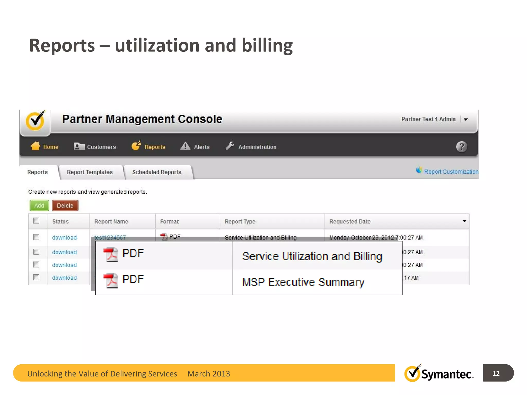 Reports – utilization and billing




Unlocking the Value of Delivering Services   March 2013   12
 