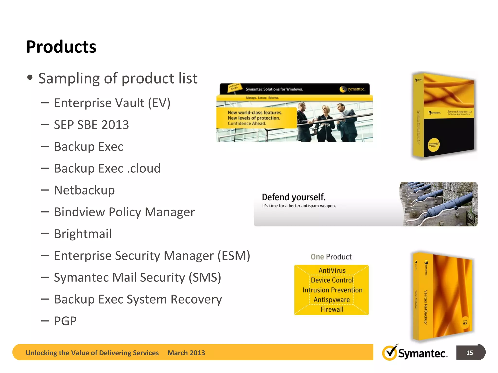 Products
• Sampling of product list
    – Enterprise Vault (EV)
    – SEP SBE 2013
    – Backup Exec
    – Backup Exec .cloud
    – Netbackup
    – Bindview Policy Manager
    – Brightmail
    – Enterprise Security Manager (ESM)
    – Symantec Mail Security (SMS)
    – Backup Exec System Recovery
    – PGP

Unlocking the Value of Delivering Services   March 2013   15
 