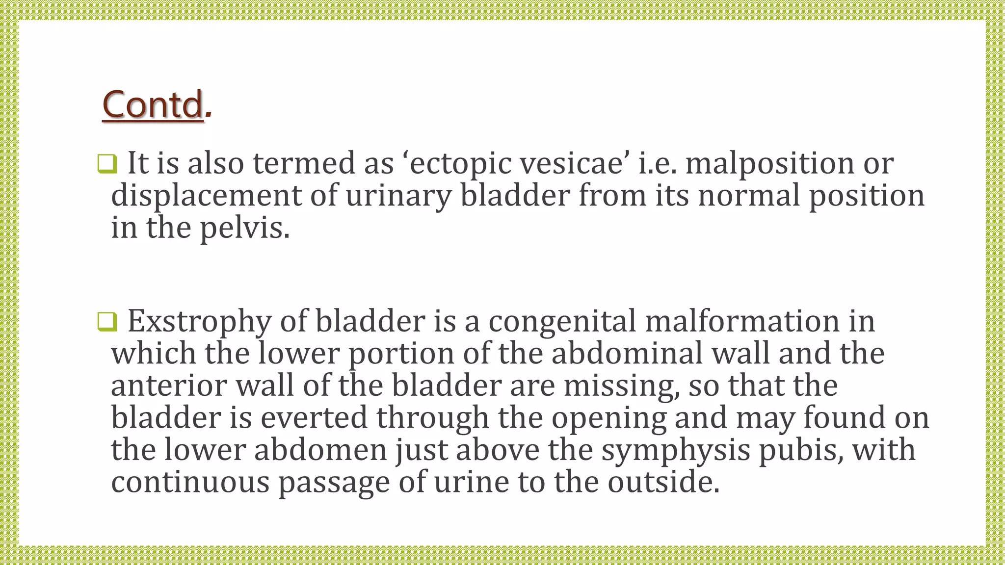 Contd.
 It is also termed as ‘ectopic vesicae’ i.e. malposition or
displacement of urinary bladder from its normal position
in the pelvis.
 Exstrophy of bladder is a congenital malformation in
which the lower portion of the abdominal wall and the
anterior wall of the bladder are missing, so that the
bladder is everted through the opening and may found on
the lower abdomen just above the symphysis pubis, with
continuous passage of urine to the outside.
 