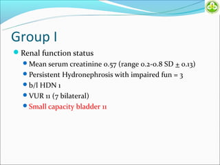 Group I
Renal function status
  Mean serum creatinine 0.57 (range 0.2-0.8 SD + 0.13)
  Persistent Hydronephrosis with impaired fun = 3
  b/l HDN 1
  VUR 11 (7 bilateral)
  Small capacity bladder 11
 