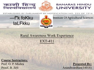 Institute Of Agricultural Sciences—f"k foKku
laLFkku
Rural Awareness Work Experience
EXT-411
Course Instructors:
Prof. O. P. Mishra
Proof. B. Jirli
Presented By:
Anandwardhan(14018)
 