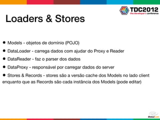 Loaders & Stores

● Models - objetos de domínio (POJO)
● DataLoader - carrega dados com ajudar do Proxy e Reader
● DataReader - faz o parser dos dados
● DataProxy - responsável por carregar dados do server
● Stores & Records - stores são a versão cache dos Models no lado client
enquanto que as Records são cada instância dos Models (pode editar)
 