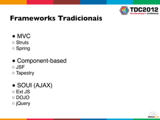 Frameworks Tradicionais

● MVC
○ Struts
○ Spring

● Component-based
○ JSF
○ Tapestry

● SOUI (AJAX)
○ Ext JS
○ DOJO
○ jQuery
 
