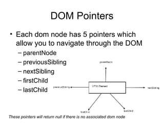 DOM Pointers Each dom node has 5 pointers which allow you to navigate through the DOM parentNode previousSibling nextSibling firstChild lastChild These pointers will return null if there is no associated dom node 