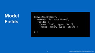 Eduardo Mendes (edumendes@gmail.com)
Model
Fields
10
Ext.define('User', {
extend: 'Ext.data.Model',
fields: [
{ name: ‘id’, type: 'int'},
{name: 'name', type: 'string'}
]
});
 