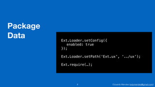 Eduardo Mendes (edumendes@gmail.com)
Package
Data
9
Ext.Loader.setConfig({
enabled: true
});
!
Ext.Loader.setPath(‘Ext.ux’, ‘../ux’);
!
Ext.require(…);
 