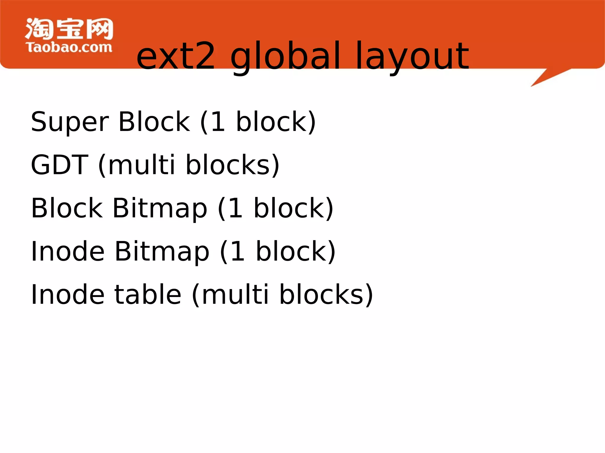 ext2 global layout Super Block (1 block) GDT (multi blocks) Block Bitmap (1 block) Inode Bitmap (1 block) Inode table (multi blocks) 