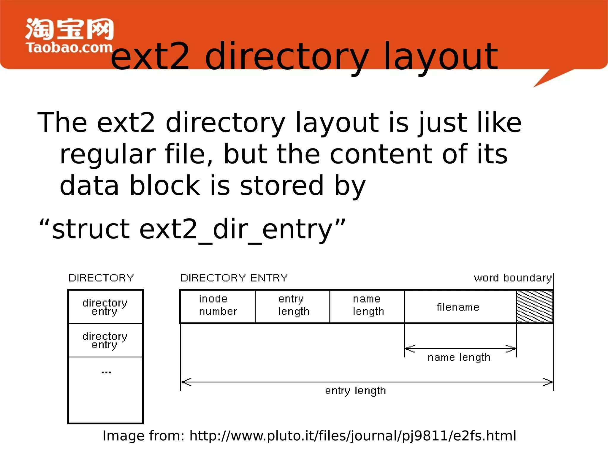 The ext2 directory layout is just like regular file, but the content of its data block is stored by “struct ext2_dir_entry” ext2 directory layout Image from: http://www.pluto.it/files/journal/pj9811/e2fs.html 