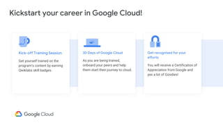 Kickstart your career in Google Cloud!
Get recognised for your
efforts
You will receive a Certification of
Appreciation from Google and
yes a lot of Goodies!
30 Days of Google Cloud
As you are being trained,
onboard your peers and help
them start their journey to cloud.
Kick-off Training Session
Get yourself trained on the
program’s content by earning
Qwiklabs skill badges.
 