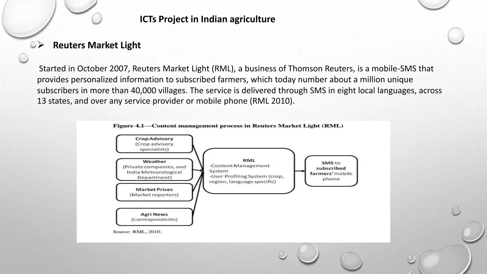 ICTs Project in Indian agriculture
 Reuters Market Light
Started in October 2007, Reuters Market Light (RML), a business of Thomson Reuters, is a mobile-SMS that
provides personalized information to subscribed farmers, which today number about a million unique
subscribers in more than 40,000 villages. The service is delivered through SMS in eight local languages, across
13 states, and over any service provider or mobile phone (RML 2010).
 
