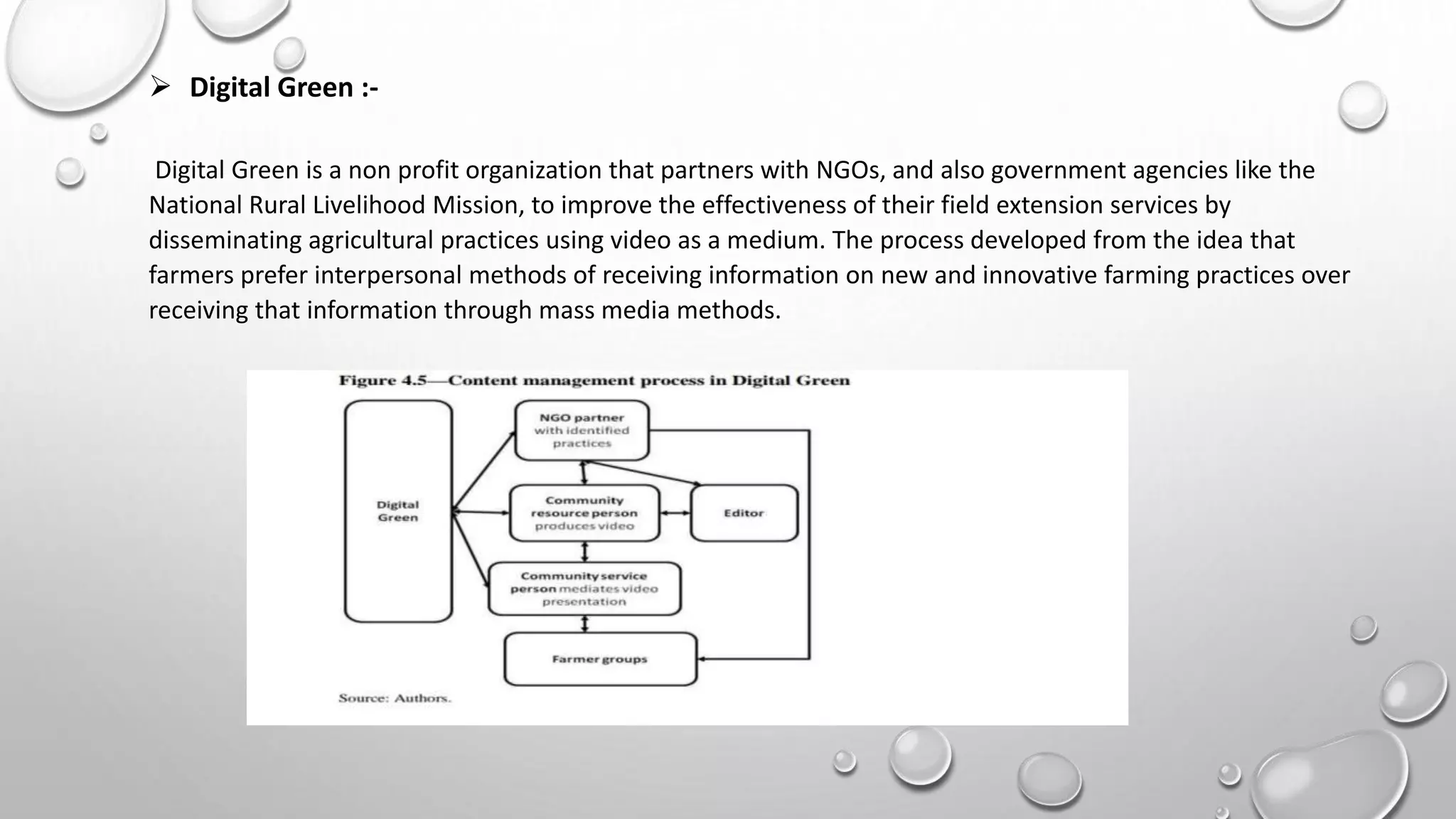  Digital Green :-
Digital Green is a non profit organization that partners with NGOs, and also government agencies like the
National Rural Livelihood Mission, to improve the effectiveness of their field extension services by
disseminating agricultural practices using video as a medium. The process developed from the idea that
farmers prefer interpersonal methods of receiving information on new and innovative farming practices over
receiving that information through mass media methods.
 