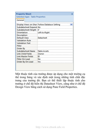 Một thuộc tính của trường được áp dụng cho một trường cụ 
thể trong bảng và xác định một trong những tính chất đặc 
trưng của trường đó. Bạn có thể thiết lập thuộc tính cho 
trường ở chế độ hiển thị Datasheet View, cũng như ở chế độ 
Design View bằng cách sử dụng Pane Field Properties. 
http://www.ebook.edu.vn 
 