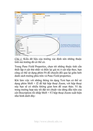 Chú ý: Kiểu dữ liệu của trường xác định nên những thuộc 
tính mà trường đó có thể có. 
Trong Pane Field Properties, chọn tới những thuộc tính cần 
thiết lập ở cột thứ nhất và điền lại giá trị ở cột tiếp theo, bạn 
cũng có thể sử dụng phím F6 để chuyển đổi qua lại giữa lưới 
danh sách trường phía trên và Pane Field properties. 
Khi làm việc với những thông tin dạng Text bạn có thể sử 
dụng phím Shift + f2 để bật hộp thoại Zoom, với hộp thoại 
này bạn sẽ có nhiều không gian hơn để soạn thảo. Ví dụ 
trong trường hợp này tôi đặt trỏ chuột vào dòng đầu tiên của 
cột Description rồi nhấp Shift + F2 hộp thoại Zoom xuất hiện 
như hình dưới đây: 
http://www.ebook.edu.vn 
 