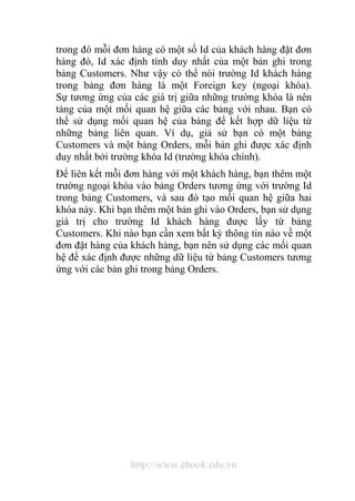 trong đó mỗi đơn hàng có một số Id của khách hàng đặt đơn 
hàng đó, Id xác định tính duy nhất của một bản ghi trong 
bảng Customers. Như vậy có thể nói trường Id khách hàng 
trong bảng đơn hàng là một Foreign key (ngoại khóa). 
Sự tương ứng của các giá trị giữa những trường khóa là nên 
tảng của một mối quan hệ giữa các bảng với nhau. Bạn có 
thể sử dụng mối quan hệ của bảng để kết hợp dữ liệu từ 
những bảng liên quan. Ví dụ, giả sử bạn có một bảng 
Customers và một bảng Orders, mỗi bản ghi được xác định 
duy nhất bởi trường khóa Id (trường khóa chính). 
Để liên kết mỗi đơn hàng với một khách hàng, bạn thêm một 
trường ngoại khóa vào bảng Orders tương ứng với trường Id 
trong bảng Customers, và sau đó tạo mối quan hệ giữa hai 
khóa này. Khi bạn thêm một bản ghi vào Orders, bạn sử dụng 
giá trị cho trường Id khách hàng được lấy từ bảng 
Customers. Khi nào bạn cần xem bất kỳ thông tin nào về một 
đơn đặt hàng của khách hàng, bạn nên sử dụng các mối quan 
hệ để xác định được những dữ liệu từ bảng Customers tương 
ứng với các bản ghi trong bảng Orders. 
http://www.ebook.edu.vn 
 