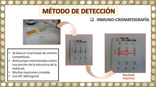 Resultado
POSITIVO
 INMUNO-CROMATOGRAFÍA
• Se basa en el principio de uniones
competitivos.
• Anticuerpos monoclonales contra
una porción de la estructura de la
molécula.
• Muchas reacciones cruzadas.
• Cut-off: 500 (ng/ml)
 