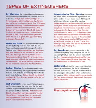 TYPES OF EXTING UISHERS
Dry Chemical fire extinguishers extinguish the
fire primarily by interrupting the chemical reaction
in the fire. Today’s most widely used type of
fire extinguisher is the multipurpose dry chemical
that is effective on Class A, B and C fires. This agent
also works by creating a barrier between the oxygen
element and the fuel element on Class A fires.
Ordinary dry chemical is for Class B & C fires only.
It is important to use the correct extinguisher for
the type of fuel! Using the incorrect agent can
allow the fire to re-ignite after apparently being
extinguished successfully.
Water and Foam fire extinguishers extinguish
the fire by taking away the heat from the fire.
Foam agents also separate the oxygen from the
fuel and heat. Water extinguishers are for Class A
fires only, they should not be used on Class B or C
fires. The discharge stream could spread the
flammable liquid in a Class B fire or could create a
shock hazard on a Class C fire. Foam extinguishers
can be used on Class A & B fires only. They are not
for use on Class C fires due to the shock hazard.
Carbon Dioxide fire extinguishers extinguish
the fire by separating the oxygen element from the
fuel and heat, and also by removing the heat with
a very cold discharge. Carbon dioxide can be used
on Class B & C fires. They are usually ineffective on
Class A fires.
Wet Chemical is a new agent that extinguishes
the fire by removing the heat from the fire and
prevents re-ignition by creating a barrier between
the oxygen and fuel elements. Wet chemical or
Class K extinguishers were developed for modern,
high efficiency deep fat fryers in commercial
cooking operations. Some may also be used on
Class A fires in commercial kitchens.
Halogenated or Clean Agent extinguishers
are either based on halocarbon agents or on the
older and no longer made halon 1211 agent,
which can no longer be used for training.
Halocarbon agents replaced halon 1211 within the
last 8 years and are much more environmentally
acceptable. Commercialized halocarbon agents
extinguish the fire by removing heat from the
combustion zone. Halon 1211 extinguishers, how-
ever, were chemically active and interfered with
the chemical reactions occurring in the combustion
zone. Halocarbon and halon 1211 extinguishers
are effective on Class A, B, and C type fires,
although very small sizes do not achieve the
lowest UL Class A rating, 1-A.
Dry Powder extinguishers are similar to dry
chemical except that they extinguish the fire by
separating the fuel from the oxygen element of
the fire. However, dry powder extinguishers are
for Class D or combustible metal fires, only. They
are ineffective on all other classes of fires.
Water Mist extinguishers are a recent develop-
ment that extinguishes the fire by taking away
the heat from the fire. They are an alternative to
the clean agent extinguishers where contamination
is a concern. Water mist extinguishers are primarily
for Class A fires, although they are safe for use on
Class C fires as well.
fireextinguisher.com
 