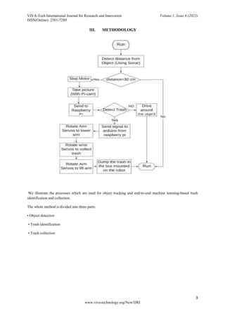 VIVA-Tech International Journal for Research and Innovation Volume 1, Issue 6 (2023)
ISSN(Online): 2581-7280
3
www.viva-technology.org/New/IJRI
III. METHODOLOGY
We illustrate the processes which are used for object tracking and end-to-end machine learning-based trash
identification and collection.
The whole method is divided into three parts:
• Object detection
• Trash identification
• Trash collection
 