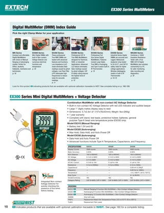 EX300 Series MultiMeters
EX300 Series Mini Digital MultiMeters + Voltage Detector
Combination MultiMeter with non-contact AC Voltage Detector
• Built-in non-contact AC Voltage Detector with red LED indicator and audible beeper
• Large 1" digits makes display easy to read
• Dimensions: 5.7x2.9x1.6" (147x76x42mm); Weight: 9oz (260g)
• 1 year warranty
• Complete with stand, test leads, protective holster, batteries, general
purpose Type K bead wire temperature probe (EX330 only)
Model EX310 (Manual Ranging)
• Battery test 1.5V and 9V
Model EX320 (Autoranging)
• Max Hold, Data Hold, and Auto Power Off
Model EX330 (Autoranging)
• Data Hold and Auto Power Off
• Advanced functions include Type K Temperature, Capacitance, and Frequency
SPECIFICATIONS EX310 EX320 EX330
Display Counts 2000 counts 2000 counts 4000 counts
Basic Accuracy 0.50% 0.50% 0.50%
NCV Detector 100 to 600VAC 100 to 600VAC 100 to 600VAC
DC Voltage 0.1mV to 600V 0.1mV to 600V 0.1mV to 600V
AC Voltage 0.1V to 600V 0.1mV to 600V 0.1mV to 600V
DC/AC Current 0.1mA to 10A 0.1µA to 10A 0.1µA to 10A
Resistance 0.1Ω to 2000kΩ 0.1Ω to 20MΩ 0.1Ω to 40MΩ
Capacitance — — 0.001nF to 200µF
Frequency — — 0.001Hz to 10MHz
Temperature — — -4 to 1382°F (-20 to 750°C)
Duty Cycle — — 0.1 to 99.9%
Diode/Continuity Yes Yes Yes
Category Rating CAT III-600V, CAT II-1000V CAT III-600V, CAT II-1000V CAT III-600V, CAT II-1000V
ORDERING
EX310 ං Manual Ranging 9 Function Mini MultiMeter + Non-Contact Voltage Detector
EX320 ං Autoranging 8 Function Mini MultiMeter + Non-Contact Voltage Detector
EX330 ං Autoranging 12 Function Mini MultiMeter + Non-Contact Voltage Detector
409996 Vinyl soft case
TP873 Replacement Bead wire Temperature Probe (-22 to 572°F/-30 to 300°C)
TL803 Replacement Test Leads
Integrated Non-contact
Voltage Detector for
quickly checking the
presence of live wires
before testing.
Digital MultiMeter (DMM) Index Guide
Pick the right Clamp Meter for your application
EX300 Series
Mini Digital DMMs with
built-in Non-contact
Voltage Detector and
numerous electrical
functions and
temperature.
p. 10
EX400 Series
Professional Full
Size Series Digital
MultiMeters. Features
include Large Digits,
True RMS or Averaging,
and Type K and/or built-in
IR Thermometer.
p. 13
EX500 Series
Industrial Series Digital
DMMs are accurate and
rugged. Waterproof,
dustproof, drop tested
to 2m (6.5"), and CAT IV
safety rated for higher
voltage applications.
Wireless datalogging
model or built-in IR
Thermometer.
p. 14-15
EX350 Series
These professional
True RMS DMMs are
loaded with advanced
features and functions.
Low Impedance (LoZ)
mode eliminates false
readings caused by ghost
voltages. Low Pass Filter
(LPF) attenuates high
frequencies to reduce
noise for accurate
readings.
p. 11
EX360 Series
Professional CAT IV
True RMS MultiMeters
designed for Electrical,
HVAC, or Industrial
Applications. Advanced
LoZ feature eliminates
false readings caused
by ghost voltages. CAT
IV safety rating ensures
the highest level of
protection.
p. 12
MN Series
Compact and affordable
Digital MultiMeters
with choice of Manual
Ranging or Autoranging
models. Perfect for
DIYers, students,
hobbyists, mechanics and
technicians.
p. 16
MG300 Series
Combines a 1000V
Insulation Resistance
Tester with a True
RMS CAT-IV Digital
MultiMeter plus wireless
connectivity to a PC
for safer monitoring,
data recording and
diagnostics.
p. 18
Look for this symbol: ං indicating products that are available with optional calibration traceable to NIST. See complete listing on p. 160-165.
10 ං Indicates products that are available with optional calibration traceable to NIST. See page 160 for a complete listing.
 
