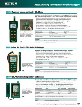 107For the name of your local stocking distributor, visit www.extech.com
Indoor Air Quality Carbon Dioxide Meters/Dataloggers
CO250 Portable Indoor Air Quality CO2 Meter
Measures Carbon Dioxide (CO2) , Temperature, Humidity, Dew Point, and Wet
Bulb and calculates statistical 8 hour and 15 minute time weighted averages
• Checks for Carbon Dioxide (CO2) concentrations, measures Temperature
and Relative Humidity, and displays calculated Dew Point and Wet Bulb
• Calculates statistical weighted averages of TWA (8 hour time weighted
average) and STEL (15 minute short term exposure limit)
• Maintenance free NDIR (non-dispersive infrared) CO2 sensor
• Backlit triple LCD display and user programmable audible alarm
• RS-232 interface, software and cable included to analyze data on a PC
• Optional 33% and 75% RH calibration bottles (RH300-CAL)
SPECIFICATIONS RANGE RESOLUTION
Carbon Dioxide (CO2) 0 to 5,000ppm 1ppm
Temperature 14 to 140°F (-10 to 60°C) 0.1°F/°C
Humidity 0.0 to 99.9% 0.1%
Dimensions/ Weight 7.9x2.7x2.3” (200x70x57mm)/ 6.7 oz. (190g)
ORDERING
CO250 Portable Indoor Air Quality CO2
Meter
RH300-CAL 33% and 75%RH Calibration Kit
EA80 Indoor Air Quality CO2 Meter/Datalogger
Measures CO2 level, Temperature, Humidity, Dew Point and Wet Bulb
• Checks for Carbon Dioxide (CO2) concentrations, measures Temperature
and Relative Humidity, and displays calculated Dew Point and Wet Bulb
• Maintenance free dual wavelength NDIR (non-dispersive infrared) CO2 sensor
• Continuous (20,000 sets) or manual (99 sets) datalogging
• Data hold, Max/Min with Time stamp, Alarm, and Auto Power Off
• Easy calibration in fresh air
SPECIFICATIONS RANGE RESOLUTION
Carbon Dioxide (CO2) 0 to 6,000ppm 1ppm
Temperature -4 to 140°F (-20 to 60°C) 0.1°F/°C
Humidity 10 to 95% 0.1%
Dimensions/ Weight 5.3 x 2.8 x 1.2" (135 x 72 x 31mm)/ 8.2oz (235g)
ORDERING
EA80 Indoor Air Quality CO2 Meter/Datalogger
SD800 CO2/Humidity/Temperature Datalogger
Records data on an SD card in Excel®
format to transfer to a PC for analysis
• Checks for Carbon Dioxide (CO2) concentrations
• Maintenance free dual wavelength NDIR (non-dispersive infrared) CO2 sensor
• Triple LCD simultaneously displays CO2, Temperature and Relative Humidity
• Selectable data sampling rate: 5, 10, 30, 60, 120, 300, 600 seconds or Auto
SPECIFICATIONS RANGE MAX. RESOLUTION BASIC ACCURACY
Carbon Dioxide (CO2) 0 to 4,000ppm 1ppm ±40ppm (<1000ppm);
±5% rdg (>1000ppm)
Temperature 32 to 122°F (0 to 50°C) 0.1°F/°C ±1.8°F/0.8°C
Humidity 10 to 90% 0.1% ±4%RH
Datalogging Datalogs using 4GB SD memory card (included)
Dimensions/ Weight 5.2 x 3.1 x 1.3" (132 x 80 x 32mm)/ 9.9oz (282g)
ORDERING
SD800 CO2 /Humidity/Temperature Datalogger
Measure CO2 level in ofﬁce
buildings to ensure proper
ventilation. Includes software
and cable, 4 AA batteries,
and case; 1 year warranty
Includes 6 AAA batteries,
RS-232 cable, and
Windows®
compatible
software; 1 year warranty
Includes 6 AAA batteries,
SD memory card,
Universal AC adaptor,
and mounting bracket;
1 year warranty
 