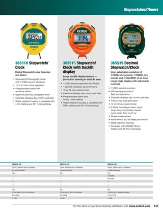 141For the name of your local stocking distributor, visit www.extech.com 141
Stopwatches/Timers
365510 Stopwatch/
Clock
Digital Stopwatch plus Calendar
and Alarm
• Stopwatch/Chronograph mode
with 1/100th second resolution
• 12 or 24 hour clock operation
• Programmable alarm with
an hourly chime
• Split time and two competitor timer
• Calendar displays day, month, and date
• Water resistant housing is complete with
LR44 battery and 39" (1m) neckstrap
365515 Stopwatch/
Clock with Backlit
display
Large backlit display feature —
perfect for viewing in dimly lit area
• 1/100th second resolution for 30mins
• 1 second resolution up to 24 hours
• 12 or 24 hour clock format
• Calendar displays day, month and date
• Programmable alarm and
hourly chime setting
• Water resistant housing is complete with
LR44 battery and 39" (1m) neckstrap
365535 Decimal
Stopwatch/Clock
User-selectable resolution of
1/100th of a second, 1/1000th of a
minute and 1/100,000th of an hour
Large triple display with adjustable
contrast
• 1/100th second precision
• 500 memory records of
Split and Lap times
• Calendar displays day, month and date
• Time of day with daily alarm
• 12 or 24 hour clock format
• 3 Mode Countdown timer: count
down stop, count down repeat,
count down then count up
• Stroke measurement
• Pacer from 5 to 240 beeps per minute
• Water resistant housing
• Complete with CR2032 lithium
battery and 39" (1m) neckstrap
365510 ං 365515 ං 365535 ං
23hrs, 59mins and 59.99secs 23hrs, 59mins and 59.99secs 19hrs, 59mins and 59.99secs
±3 seconds/day ±3 seconds/day ±5 seconds/day
Yes Yes Yes
— — 3 Modes
— — 500 laps
— — —
— — —
— — —
Yes Yes Yes
2.3x2.8x0.5" (57x70x15mm) 2.3x2.8x0.5" (57x70x15mm) 2.5x3.2x0.8" (64x81x20mm)
2oz (50g) 2oz (50g) 2.7oz (77g)
1 year 1 year 1 year
 