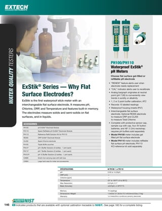 ExStik®
Series — Why Flat
Surface Electrodes?
ExStik is the ﬁrst waterproof stick meter with an
interchangeable ﬂat surface electrode. It measures pH,
Chlorine, ORP, and Temperature and features built-in memory.
The electrodes measure solids and semi-solids on ﬂat
surfaces, and in liquids.
WATERQUALITYTESTERS
PH100/PH110
Waterproof ExStik®
pH Meters
Choose ﬂat surface gel-ﬁlled or
reﬁllable pH electrode
• “RENEW” feature alerts user when
electrode needs replacement
• “CAL” indicator alerts user to recalibrate
• Analog bargraph originates at neutral
point (pH 7.00) to conveniently view
trends in acidity or alkalinity
• 1, 2 or 3 point buffer calibration; ATC
• Records 15 labeled readings
• Waterproof housing (meets IP57)
• Interchangeable ﬂat surface
electrode; Optional RE305 electrode
to measure ORP and CL205
to measure Total Chlorine
• Complete with protective sensor cap,
sample cup with cap, four 3V button
batteries, and 48" (1.2m) neckstrap;
requires pH buffers sold separately
• Model PH100 meter includes gel
ﬁlled pH ﬂat surface electrode
• Model PH110 meter includes reﬁllable
ﬂat surface pH electrode; PH113
KCl reference kit sold separately
SPECIFICATIONS Ⅲ PH100 | ᮡ PH110
pH 0.00 to 14.00pH
ORP (mV) —
Chlorine (ppm) —
Temperature 23° to 194°F (-5 to 90°C)
Max Resolution 0.01pH, 0.1°
Basic Accuracy ±0.01pH, ±1.8°F/1°C
Memory 15 readings
Dimensions/ Weight 1.4x6.8x1.6" (35.6x172.7x40.6mm)/3.8oz (110g)
Warranty 1yr (meter)/6mo conditional warranty (electrode)
ACCESSORIES
PH105 pH ExStik®
Electrode Module
PH115 Spare Reﬁllable pH ExStik®
Electrode Module
PH113 Reference Reﬁll Solution Kit for PH110
RE305 ORP ExStik®
Electrode Module
CL205 Spare Chlorine electrode
PH103 Tripak Buffer pouches
PH4-P pH 4 Buffer Solution (2 bottles - 1 pint each)
PH7-P pH 7 Buffer Solution (2 bottles - 1 pint each)
PH10-P pH 10 Buffer Solution (2 bottles - 1 pint each)
CA895 Small vinyl carrying case with belt loop
CA904 Large hard case for meter and accessories
146 ං Indicates products that are available with optional calibration traceable to NIST. See page 160 for a complete listing.
 