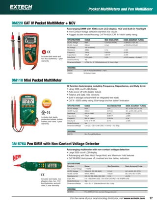 17For the name of your local stocking distributor, visit www.extech.com
Pocket MultiMeters and Pen MultiMeter
DM220 CAT IV Pocket MultiMeter + NCV
Autoranging DMM with 4000 count LCD display, NCV and Built-in Flashlight
• Non-Contact Voltage detection identiﬁes live circuits
• Rugged double molded housing; CAT IV-600V, CAT III-1000V safety rating
SPECIFICATIONS RANGE MAX RESOLUTION BASIC ACCURACY (%RDG)
DC/AC Voltage 600V 0.1mVDC/1mVAC ±0.8%DC/±1.5% AC
DC/AC Current 200mA 0.1µA ±2.0%DC/±2.5%AC
NC Voltage 100 to 600VAC
Resistance 40MΩ 0.1Ω ±0.8%
Frequency 10kHz 0.001Hz ±2.0%
Capacitance 200µF 0.001nF ±5.0%
Duty Cycle 0.5 to 99% 0.5% ±(2.0% reading + 5 digits)
Diode/Continuity Yes
Dimensions/Weight 4.72x2.2x1.6” (120x55x540mm) / 5.12oz (145g)
ORDERING
DM220 CAT IV Pocket MultiMeter + NCV
409992 Vinyl pouch case
DM110 Mini Pocket MultiMeter
10 function Autoranging including Frequency, Capacitance, and Duty Cycle
• Large 4000 count LCD display
• Auto power off with disable feature
• Relative and Data Hold functions
• Built-in storage compartment for integrated test leads
• CAT II - 600V safety rating; Over-range and low battery indication
SPECIFICATIONS RANGE MAX RESOLUTION BASIC ACCURACY (%RDG)
AC/DC Voltage 500V 1mV AC: ±2.3%; DC: ±1.3%
AC/DC Current 400mA 0.01mA AC: ±2.5%; DC: ±2.0%
Resistance 400 to 40MΩ 0.1Ω ±2.0%
Capacitance 100µF 0.001nF ±3.0%
Frequency 5Hz to 10MHz 0.001Hz ±2%
Duty Cycle 0.1% to 99.9% 0.1% ±1.2%
Diode/Continuity Yes
Dimensions/Weight 4.25 x 2.2 x 0.5” (108 x 56 x 11.5mm)/ 1.7oz (50g)
ORDERING
DM110 Mini Pocket MultiMeter
381676A Pen DMM with Non-Contact Voltage Detector
Autoranging multimeter with non-contact voltage detection
• Large 2000 count LCD display
• Autoranging with Data Hold, Range Hold, and Maximum Hold features
• CAT III-600V; Auto power off, overload and low battery indication
SPECIFICATIONS
Function Range Max Resolution Basic Accuracy (%rdg)
Non-contact Voltage >110VAC
AC/DC Voltage 200mV, 2, 20, 200, 600V 0.1mV AC: ±0.8%; DC: 0.7%
AC/DC Current 20mA, 200mA 0.01µA AC: ±2%; DC: 0.1.5%
Resistance (Ω) 200, 2k, 20k, 200k, 2M, 20M 0.1Ω ±0.8%
Logic Test 0 to 1.5V (Green LED), 1.5 to 3.5V (LED off), 3.5 to 5V (Red LED)
Diode/Continuity Yes
Dimensions/Weight 8.2x1.5x1.1" (208x38x29mm)/4.6oz (129g)
ORDERING
381676A Pen DMM with Non-Contact Voltage Detector
Includes test leads, two
alligator clips, two 1.5V
AAA batteries, and soft
case; 1 year warranty
Includes test leads,
protective holster, button
battery, and case; 1 year
warranty
Includes test leads and
two AAA batteries; 1 year
warranty
Reduced
Price!
NEWNEW
Reduced
Price!
 