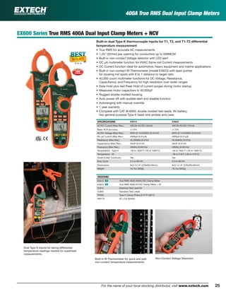 25For the name of your local stocking distributor, visit www.extech.com
400A True RMS Dual Input Clamp Meters
EX600 Series True RMS 400A Dual Input Clamp Meters + NCV
Built-in dual Type K thermocouple inputs for T1, T2, and T1-T2 differential
temperature measurement
• True RMS for accurate AC measurements
• 1.25" (32mm) jaw opening for conductors up to 500MCM
• Built-in non-contact Voltage detector with LED alert
• DC µA multimeter function for HVAC ﬂame rod Current measurements
• DC Current function ideal for automotive, heavy equipment and marine applications
• Built-in non-contact IR Thermometer (model EX623) with laser pointer
for locating hot spots with 8 to 1 distance to target ratio
• 40,000 count multimeter functions for DC Voltage, Resistance,
Capacitance, and Frequency for high resolution over wider ranges
• Data Hold plus fast Peak Hold of current surges during motor startup
• Measures motor capacitors to 40,000µF
• Rugged double molded housing
• Auto power off with audible alert and disable function
• Autoranging with manual override
• 1 year warranty
• Complete with CAT III-600V, double molded test leads, 9V battery,
two general purpose Type K bead wire probes and case
SPECIFICATIONS EX613 EX623
AC/DC Current (Max Res.) 400.0A AC/DC (10mA) 400.0A AC/DC (10mA)
Basic ACA accuracy ±1.5% ±1.5%
AC/DC Voltage (Max Res.) 600V (0.1mV)/600V (0.01mV) 600V (0.1mV)/600V (0.01mV)
DC µA Current (Max Res.) 4000µA (0.01µA) 4000µA (0.01µA)
Resistance (Max Res.) 40.000MΩ (0.01Ω) 40.000MΩ (0.01Ω)
Capacitance (Max Res.) 40mF (0.01nF) 40mF (0.01nF)
Frequency (Max Res.) 40MHz (0.001Hz) 40MHz (0.001Hz)
Temperature - Type K -58 to 1832°F (-50 to 1000°C) -58 to 1832°F (-50 to 1000°C)
Temperature - IR — -58 to 518°F (-50 to 270°C)
Diode (2.8V)/ Continuity Yes Yes
Duty Cycle 0.5 to 99.0% 0.5 to 99.0%
Dimensions 9x3.1x1.9" (229x80x49mm) 9x3.1x1.9" (229x80x49mm)
Weight 10.7oz (303g) 10.7oz (303g)
ORDERING
EX613 ං True RMS 400A 400AC/DC Clamp Meter
EX623 ං True RMS 400A AC/DC Clamp Meter + IR
TL810 Electrical Test Lead Kit
TL803 Standard Test Leads
TP200 Type K Clamp Probe (212°F/100°C)
480172 AC Line Splitter
Built-in IR Thermometer for quick and safe
non-contact temperature measurements.
Non-Contact Voltage Detection.
Dual Type K Inputs for taking differential
temperature readings needed for superheat
measurements.
 