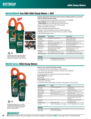MA443/MA445 True RMS 400A Clamp Meters + NCV
Pocket-sized meter with built-in Non-Contact Voltage detector and choice
of AC or AC/DC Current model
• 1.2" (30mm) jaw size accommodates conductors up to 500MCM
• Model MA443 with True RMS AC Current function
Model MA445 with True RMS AC/DC Current functions
• Type K Temperature function with probe included
• 4000 count backlit LCD display
• Built-in ﬂashlight illuminates work area
• Relative mode for Capacitance Zero and Offset Adjustment
• Min/Max, Data Hold, Auto Power Off and Low battery indicator
• CAT III-600V category rating
SPECIFICATIONS Model MA443 Model MA445
AC Current 4.000A, 40.00A, 400.0A (1mA) 40.00A, 400.0A (10mA)
DC Current — 40.00A, 400.0A (10mA)
Current accuracy AC: ±1.8% AC: ±2.5%, DC: ±2.0%
DC Voltage 400.0mV, 4V, 40, 400V 600V (0.1mV) 400.0mV, 4V, 40, 400V 600V (0.1mV)
AC Voltage 4V, 40V, 400V 600V(0.1mV) 4V, 40V, 400V 600V(0.1mV)
Basic accuracy AC: ±1.2% DC: ±0.8% AC: ±1.2% DC: ±0.8%
Resistance (Ω) 400, 4k, 40k, 400k, 4M, 40M (0.1Ω) 400, 4k, 40k, 400k, 4M, 40M (0.1Ω)
Capacitance 40nF, 400nF, 4µF, 40µF, 400µF,
4mF, 40mF (0.01nF)
40nF, 400nF, 4µF, 40µF, 400µF,
4mF, 40mF (0.01nF)
Frequency 10Hz to 1MHz (0.01Hz) 10Hz to 1MHz (0.01Hz)
Temperature -40° to 1832°F/-40° to 1000°C (1°F/°C) -40° to 1832°F/-40° to 1000°C (1°F/°C)
Dimensions/ Weight 9x3x1.6" (228x77x41mm)/ 9.3oz (265g) 9x3x1.6" (228x77x41mm)/ 9.3oz (265g)
ORDERING
MA443 ං True RMS 400A AC Clamp Meter
MA445 ං True RMS 400A AC/DC Clamp Meter
MA200 Series 400A Clamp Meters
Easy-to-use, economical clamp meters
• Compact size allows measurements in tight locations
• 0.9" (23mm) jaw size accommodates conductors up to 300MCM
• Data Hold, Auto Power Off
• Overload protection, Overrange and low battery indicators
Model MA200 (AC Current)
• Max Hold
Model MA220 (AC/DC Current)
• One touch “Auto Zero”
• Functions include Capacitance, Frequency, Temperature, and Duty Cycle
SPECIFICATIONS MA200 MA220
AC Current 2, 20, 200, 400A (0.001A) 40, 400A (0.01A)
DC Current — 40, 400A (0.01A)
Basic accuracy ±2.5% AC: ±3%, DC: ±2.5%
AC/DC Voltage 200mV, 2V, 20, 200V, 600V (0.1mV) 400mV, 4V, 40V, 400V, 600V (0.1mV)
Basic accuracy AC:±1.5% DC:±1.2% AC:2%,DC:±1.5%
Resistance 200, 2k, 20k, 200k, 2M, 20M (0.1Ω) 400, 4k, 40k, 400k, 4M, 40MΩ (0.1Ω)
Capacitance — 40nF, 400nF, 4µF, 40µF, 100µF (0.01nF)
Frequency — 5Hz, 50Hz, 500Hz, 5kHz, 150kHz
(0.001Hz)
Temperature — -58 to 1830°F (-50 to 1000°C) (1°)
Duty Cycle — 0.5 to 99.0% (0.1%)
Continuity Beeper ≤30Ω Beeper ≤30Ω ≤30Ω Beeper ≤30Ω
Dims/Wt. 7.9x2x1.4" (200x50x35mm)/ 7oz (200g) 7.9x2x1.4” (200x50x35mm)/ 7oz (200g)
ORDERING
MA200 ං 400A AC Clamp Meter
MA220 ං 400A AC/DC Clamp Meter
400A Clamp Meters
Includes test leads, case, and two
AAA batteries; MA220 also includes
general purpose Type K bead wire
probe; 1 year warranty
Includes test leads, general purpose
Type K bead wire probe, three AAA
batteries, and pouch; 1 year warranty
26 ං Indicates products that are available with optional calibration traceable to NIST. See page 160 for a complete listing.
 
