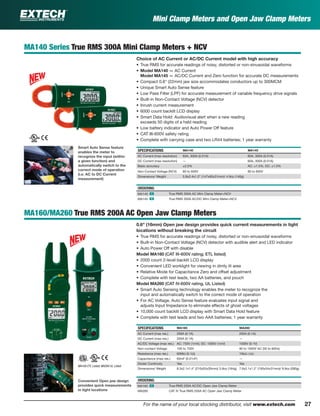 27For the name of your local stocking distributor, visit www.extech.com
MA140 Series True RMS 300A Mini Clamp Meters + NCV
Choice of AC Current or AC/DC Current model with high accuracy
• True RMS for accurate readings of noisy, distorted or non-sinusoidal waveforms
• Model MA140 — AC Current
Model MA145 — AC/DC Current and Zero function for accurate DC measurements
• Compact 0.8" (22mm) jaw size accommodates conductors up to 300MCM
• Unique Smart Auto Sense feature
• Low Pass Filter (LPF) for accurate measurement of variable frequency drive signals
• Built-in Non-Contact Voltage (NCV) detector
• Inrush current measurement
• 6000 count backlit LCD display
• Smart Data Hold: Audiovisual alert when a new reading
exceeds 50 digits of a held reading
• Low battery indicator and Auto Power Off feature
• CAT III-600V safety rating
• Complete with carrying case and two LR44 batteries; 1 year warranty
SPECIFICATIONS MA140 MA145
AC Current (max resolution) 60A, 300A (0.01A) 60A, 300A (0.01A)
DC Current (max resolution) — 60A, 300A (0.01A)
Basic accuracy ±2.0% AC: ±1.5%, DC: ±1.5%
Non-Contact Voltage (NCV) 80 to 600V 80 to 600V
Dimensions/ Weight 5.8x2.4x1.2" (147x60x31mm)/ 4.9oz (140g)
ORDERING
MA140 ං True RMS 300A AC Mini Clamp Meter+NCV
MA145 ං True RMS 300A AC/DC Mini Clamp Meter+NCV
MA160/MA260 True RMS 200A AC Open Jaw Clamp Meters
0.6" (16mm) Open jaw design provides quick current measurements in tight
locations without breaking the circuit
• True RMS for accurate readings of noisy, distorted or non-sinusoidal waveforms
• Built-in Non-Contact Voltage (NCV) detector with audible alert and LED indicator
• Auto Power Off with disable
Model MA160 (CAT III-600V rating; ETL listed)
• 2000 count 2-level backlit LCD display
• Convenient LED worklight for viewing in dimly lit area
• Relative Mode for Capacitance Zero and offset adjustment
• Complete with test leads, two AA batteries, and pouch
Model MA260 (CAT IV-600V rating, UL Listed)
• Smart Auto Sensing technology enables the meter to recognize the
input and automatically switch to the correct mode of operation
• For AC Voltage, Auto Sense feature evaluates input signal and
adjusts Input Impedance to eliminate effects of ghost voltages
• 10,000 count backlit LCD display with Smart Data Hold feature
• Complete with test leads and two AAA batteries; 1 year warranty
SPECIFICATIONS MA160 MA260
AC Current (max res.) 200A (0.1A) 200A (0.1A)
DC Current (max res.) 200A (0.1A) —
AC/DC Voltage (max res.) AC: 750V (1mV); DC: 1000V (1mV) 1000V (0.1V)
Non-contact Voltage 100 to 750V 80 to 1000V AC (50 to 60Hz)
Resistance (max res.) 60MΩ (0.1Ω) 10kΩ (1Ω)
Capacitance (max res.) 60mF (0.01nF) —
Diode/ Continuity Yes Yes
Dimensions/ Weight 8.3x2.1x1.4" (210x53x35mm)/ 5.8oz (164g) 7.6x2.1x1.2" (193x54x31mm)/ 9.9oz (280g)
ORDERING
MA160 ං True RMS 200A AC/DC Open Jaw Clamp Meter
MA260 CAT IV True RMS 200A AC Open Jaw Clamp Meter
Smart Auto Sense feature
enables the meter to
recognize the input (within
a given function) and
automatically switch to the
correct mode of operation
(i.e. AC to DC Current
measurement)
Convenient Open jaw design
provides quick measurements
in tight locations
MA160 ETL Listed; MA260 UL Listed
Mini Clamp Meters and Open Jaw Clamp Meters
 