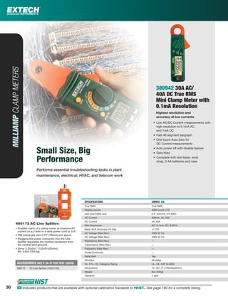 MILLIAMPCLAMPMETERS
380942 30A AC/
40A DC True RMS
Mini Clamp Meter with
0.1mA Resolution
Highest resolution and
accuracy at low currents
• Low AC/DC Current measurements with
high resolution to 0.1mA AC
and 1mA DC
• Fast 40 segment bargraph
• One touch Auto Zero for
DC Current measurements
• Auto power off with disable feature
• Data Hold
• Complete with test leads, wrist
strap, 2 AA batteries and case
SPECIFICATIONS 380942 ං
True RMS True RMS
Display counts 4000 count LCD
Jaw size/Cable size 0.9" (23mm); 4/0 AWG
AC Current 400mA, 4A, 30A
DC Current 4A, 40A
Max Resolution AC: 0.1mA, DC: 0.001A
Basic ACA Accuracy (% rdg) ±1.5%
AC Voltage (Max Res.) 400V (0.1V)
DC Voltage (Max Res.) 400V (0.1V)
Resistance (Max Res.) —
Capacitance (Max Res.) —
Frequency (Max Res.) —
Diode/Continuity —
Data Hold Yes
Min/Max Min/Max
UL, ETL, CE, Category Rating UL, CE, CAT III-300V
Dimensions 7x1.8x1.3" (178x45x32mm)
Weight 8oz (225g)
Warranty 1 year
ACCESSORIES (SEE P. 36-37 FOR TEST LEADS)
480172 AC Line Splitter (120V/15A)
• Enables users of a clamp meter to measure AC
current on a 2-wire or 3-wire power cord to 15A
• Fits clamp jaw size 0.75" (19mm) and above
• Plugging the power connector into the Line
Splitter separates the hot/live conductor from
the neutral (and ground)
• Dims: 5.25x2x1" (133x51x25mm),
Wt: 5.8oz (164.4g)
480172 AC Line Splitter:
Small Size, Big
Performance
Performs essential troubleshooting tasks in plant
maintenance, electrical, HVAC, and telecom work
30 ං Indicates products that are available with optional calibration traceable to NIST. See page 160 for a complete listing.
 