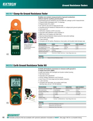 52 ං Indicates products that are available with optional calibration traceable to NIST. See page 160 for a complete listing.
Ground Resistance Testers
382357 Clamp-On Ground Resistance Tester
Enables non-contact measurements of ground conductors
without need for auxiliary ground spikes
• Autoranging ground resistance and True RMS AC Leakage current measurements
• Programmable datalogging with 116 readings
• Programmable Hi/Lo alarm
• 0.9" (23mm) Jaw size for large ground rods
• Simpliﬁes ground resistance measurements on multiple point ground systems
• Auto power off
• Veriﬁcation resistors conﬁrm accuracy
• Automatic Self Calibration when powered on
• 9999 Count LCD display with Data Hold
• Electrical Noise Detection feature prevents inaccurate readings
• CAT III-300V, CAT II-600V
• 1 year warranty
• Complete with 9V battery, Resistance check plate, and durable metal storage case
SPECIFICATIONS RANGE RESOLUTION BASIC ACCURACY
Ground Resistance 0.025 to 1500Ω 0.002Ω ±1.5%
AC Leakage Current (Trms) 1mA 0.001mA ±2.5%
AC Current (Trms) 0.3mA to 30.00A 0.01A ±2.0%
Resistance Test Frequency 3.333kHz
Operating Temperature 32 to 122°F (0 to 50°C)
Dimensions/Weight 10.2x4.4x1.9" (258x110x47mm) / 1.5lbs (700g) (meter only)
ORDERING
382357 ං Clamp-On Ground Resistance Tester
382252 Earth Ground Resistance Tester Kit
Includes all hardware necessary to measure earth ground in
3 ranges from 20 to 2000Ω
• Large dual display with backlight and double molded housing
• Test Hold function
• Automatic Zero adjustment
• AC/DC Voltage, Resistance, and Continuity
• Auto Power off, Over-range and low battery indication
• 1 year warranty
• Complete with test leads, two auxiliary earth bars,
carrying case, and six 1.5V AA batteries
SPECIFICATIONS RANGE RESOLUTION BASIC ACCURACY
Earth Ground Resistance ranges 20Ω/ 200Ω/2000Ω 0.01Ω/ 0.1Ω/1Ω ±(2%rdg)
Test Current (Freq.) <2.5mA (820Hz) 0.001mA ±2.5%
AC Earth Voltage (Freq.) 0 to 200VAC (50 to 400Hz) ±(3%rdg)
DC Voltage 0 to 1000V 0.1V ±(0.8%rdg)
Resistance 0 to 200kΩ ±(1%rdg)
Continuity 40Ω
Category rating CAT III-1000V
Dimensions/ Weight 7.9x3.6x2" (200x92x50mm)/ 1.5lbs (700g) (meter only)
ORDERING
382252 ං Earth Ground Resistance Tester Kit
382253 Replacement Earth Bars (2pk)
382254 Replacement Set of Test Leads
Verify resistance
of cellular and
communication tower
ground grids
 