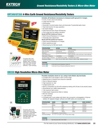 53For the name of your local stocking distributor, visit www.extech.com
Ground Resistance/Resistivity Testers & Micro-Ohm Meter
GRT300/GT350 4-Wire Earth Ground Resistance/Resistivity Testers
Includes all hardware necessary to measure earth ground in 4 ranges
• 4-wire, 3-wire, and 2-wire testing
• Large dual line LCD
• Autoranging
• Automatic I (current) spike check and Automatic P (potential) spike check
• Test Hold function for easy operation
• AC Earth Voltage
• Data Hold and Auto Power Off features
• Over-range and low battery indication
Model GRT300 Additional Feature
• Earth Ground Resistance in 4 ranges
• Automatic Zero adjustment
Model GRT350 Additional Features
• Earth Ground Resistance in 3 ranges
• Earth resistivity (ρ) test
• Store/recall up to 200 test results
SPECIFICATIONS GRT300 GRT350
Earth Ground Resistance 2Ω/20Ω/200Ω/2000Ω 20Ω/200Ω/2000Ω
Basic Accuracy ±(2%rdg+3d) ±(2%rdg+3d)
Resolution 0.01Ω/0.1Ω/1Ω/0.01kΩ 0.01Ω/0.1Ω/1Ω
Earth Resistivity (ρ) — 0.06 to 6.28 kΩm, 0.62 to 62.8 kΩm, 6.28 to 628 kΩm
Test Current / Frequency <2mA/820Hz <2mA/820Hz
AC Earth Voltage / Frequency 0 to 300VAC/40 to 500Hz 0 to 300VAC/40 to 500Hz
Dimensions/ Weight 9.8 x 7.8 x 4.3" (250 x 190 x 110mm)/ 3.15lbs (1.4kg) - batteries included
ORDERING
GRT300 ං 4-Wire Earth Ground Resistance Tester Kit
GRT350 ං 4-Wire Earth Ground Resistance/Resistivity Tester Kit
UM200 High Resolution Micro-Ohm Meter
Provides resolution down to 1µΩ using 4-wire Kelvin clip test leads
• 6 ranges with 3 sub-ranges in each current range
• Measurement of resistive and inductive materials
• Auto or Manual ranging
• High resolution to 1µΩ
• 5-Digit backlit LCD
• Built-in comparator for Hi/Lo/Go resistance testing with 20 sets of pre-stored values
• Store/Recall up to 3000 measurements
• 10A maximum test current
• Cable length measurement (feet or meters)
• RS-232 interface
• 1 year warranty
• Complete with 4-wire cables with Kelvin clip connectors, rechargeable Li-Polymer
battery, AC adapter/charger, software and USB cable, and carrying case
SPECIFICATIONS RANGE RESOLUTION CURRENT BASIC ACCURACY
Resistance 60mΩ 1µΩ 10A ±(0.25%)
600mΩ 10µΩ 1A ±(0.25%)
6Ω 100µΩ 100mA ±(0.25%)
60Ω 1mΩ 10mA ±(0.25%)
600Ω 10mΩ 1mA ±(0.25%)
6kΩ 100mΩ 100µA ±(0.75%)
Power Rechargeable Li-Polymer Battery
Dimensions/Weight 10.1 x 6.1 x 2.2" (257 x 155 x 57mm)/ 2.6lb (1160g)
ORDERING
UM200 ං High Resolution Micro-Ohm Meter
Complete with color
coded test leads and
alligator clips, 4 auxiliary
earth bars, hard carrying
case, and eight 1.5V AA
batteries; 1 year warranty
Complete with 4-wire
cables with Kelvin clip
connectors, rechargeable
Li-Polymer battery, AC
adapter/charger, software
and USB cable, and
carrying case
 