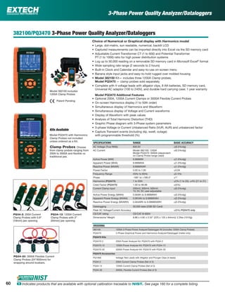 382100/PQ3470 3-Phase Power Quality Analyzer/Dataloggers
Choice of Numerical or Graphical display with Harmonics model
• Large, dot-matrix, sun readable, numerical, backlit LCD
• Captured measurements can be imported directly into Excel via the SD memory card
• Adjustable Current Transformer CT (1 to 600) and Potential Transformer
PT (1 to 1000) ratio for high power distribution systems
• Log up to 30,000 reading on a removable SD memory card in Microsoft Excel®
format
• Wide sampling rate range (2 seconds to 2 hours)
• Built-in Clock and Calendar and easy-to-use on-screen menu
• Banana style input jacks and easy-to-hold rugged over molded housing
• Model 382100 Kit— includes three 1200A Clamp probes;
Model PQ3470 — clamp probes sold separately
• Complete with 4 voltage leads with alligator clips, 8 AA batteries, SD memory card,
Universal AC adaptor (100 to 240V), and durable hard carrying case; 1 year warranty
Model PQ3470 Additional Features
• Optional 200A, 1200A Current Clamps or 3000A Flexible Current Probes
• On-screen Harmonics display (1 to 50th order)
• Simultaneous display of Harmonics and Waveform
• Simultaneous display of Voltage and Current waveforms
• Display of Waveform with peak values
• Analysis of Total Harmonic Distortion (THD)
• Graphic Phase diagram with 3-Phase system parameters
• 3-phase Voltage or Current Unbalanced Ratio (VUR, AUR) and unbalanced factor
• Capture Transient events (including dip, swell, outage)
with programmable threshold (%)
SPECIFICATIONS RANGE BASIC ACCURACY
AC Voltage (True RMS) 600.0V ±(0.5%rdg)
AC Current Model 382100: 1200A
Model PQ3470: 6000A (dependent
on Clamp Probe range used)
±(0.5%rdg)
Active Power (MW) 9.999MW ±(1.0%rdg)
Apparent Power (MVA) 9.999MVA ±(1.0%rdg)
Reactive Power (MVAR) 9.999MVAR ±(1.0%rdg)
Power Factor 0.00 to 1.00 ±0.04
Frequency Range 45Hz to 65Hz ±0.1Hz
Phase -180° to +180.0° ±1°
Harmonics (PQ3470) 1 to 50th ±2% (1 to 20); ±4% (21 to 31)
Crest Factor (PQ3470) 1.00 to 99.99 ±(5%)
Current Clamp input 200mV, 300mV, 500mV;
1V, 2V, 3V; user-adjustable
±(0.5%rdg)
Active Power Energy (MWH) 0.0kWh to 9.999MWH ±(2.0%rdg)
Apparent Power Energy (MVAH) 0.0KVAh to 9.999MVAH ±(2.0%rdg)
Reactive Power Energy (MVARH) 0.0kVARh to 9.999MVARH ±(2.0%rdg)
Datalogging 30,000 data (2GB SD Card)
Peak AC Voltage/Current Accuracy ±(5%) PQ3470 only
CE/CAT rating CE/CAT III-600V
Dimensions/ Weight 8.86 x 4.92 x 2.52" (225 x 125 x 64mm)/ 2.2lbs (1010g)
ORDERING
382100 1200A 3-Phase Power Analyzer/Datalogger Kit (includes 1200A Clamp Probes)
PQ3470 3-Phase Graphical Power and Harmonics Analyzer/Datalogger (meter only)
PQ3470 Kits
PQ3470-2 200A Power Analyzer Kit: PQ3470 with PQ34-2
PQ3470-12 1200A Power Analyzer Kit: PQ3470 with PQ34-12
PQ3470-30 3000A Power Analyzer Kit: PQ3470 with PQ34-30
PQ3470 Accessories
PQ1000 Voltage Test Leads with Alligator and Plunger Clips (4 leads)
PQ34-2 200A Current Clamp Probes (Set of 3)
PQ34-12 1200A Current Clamp Probes (Set of 3)
PQ34-30 3000A, Flexible Current Probes (Set of 3)
3-Phase Power Quality Analyzer/Dataloggers
PQ34-30: 3000A Flexible Current
Clamp Probes (24"/600mm) for
wrapping around busbars.
PQ34-12: 1200A Current
Clamp Probes with 2"
(50mm) jaw opening
PQ34-2: 200A Current
Clamp Probes with 0.8"
(19mm) jaw opening
Model PQ3470 with Harmonics;
Clamp Probes not included
unless ordered as a Kit.
Clamp Probes Choose
from clamp probes ranging from
200A to 3000A and ﬂexible vs
traditional jaw.
Patent Pending
Model 382100 includes
1200A Clamp Probes
Kits Available
60 ං Indicates products that are available with optional calibration traceable to NIST. See page 160 for a complete listing.
 