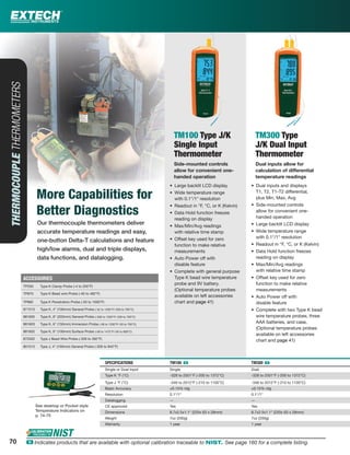 Our thermocouple thermometers deliver
accurate temperature readings and easy,
one-button Delta-T calculations and feature
high/low alarms, dual and triple displays,
data functions, and datalogging.
O th l thh t d li
More Capabilities for
Better Diagnostics
TM100 Type J/K
Single Input
Thermometer
Side-mounted controls
allow for convenient one-
handed operation
• Large backlit LCD display
• Wide temperature range
with 0.1°/1° resolution
• Readout in °F, °C, or K (Kelvin)
• Data Hold function freezes
reading on display
• Max/Min/Avg readings
with relative time stamp
• Offset key used for zero
function to make relative
measurements
• Auto Power off with
disable feature
• Complete with general purpose
Type K bead wire temperature
probe and 9V battery.
(Optional temperature probes
available on left accessories
chart and page 41)
TM300 Type
J/K Dual Input
Thermometer
Dual inputs allow for
calculation of differential
temperature readings
• Dual inputs and displays
T1, T2, T1-T2 differential,
plus Min, Max, Avg
• Side-mounted controls
allow for convenient one-
handed operation
• Large backlit LCD display
• Wide temperature range
with 0.1°/1° resolution
• Readout in °F, °C, or K (Kelvin)
• Data Hold function freezes
reading on display
• Max/Min/Avg readings
with relative time stamp
• Offset key used for zero
function to make relative
measurements
• Auto Power off with
disable feature
• Complete with two Type K bead
wire temperature probes, three
AAA batteries, and case.
(Optional temperature probes
available on left accessories
chart and page 41)
SPECIFICATIONS TM100 ං TM300 ං
Single or Dual Input Single Dual
Type K °F (°C) -328 to 2501°F (-200 to 1372°C) -328 to 2501°F (-200 to 1372°C)
Type J °F (°C) -346 to 2012°F (-210 to 1100°C) -346 to 2012°F (-210 to 1100°C)
Basic Accuracy ±0.15% rdg ±0.15% rdg
Resolution 0.1°/1° 0.1°/1°
Datalogging — —
CE approved Yes Yes
Dimensions 8.7x2.5x1.1" (220x 63 x 28mm) 8.7x2.5x1.1" (220x 63 x 28mm)
Weight 7oz (200g) 7oz (200g)
Warranty 1 year 1 year
ACCESSORIES
TP200 Type K Clamp Probe (-4 to 200°F)
TP870 Type K Bead wire Probe (-40 to 482°F)
TP882 Type K Penetration Probe (-50 to 1000°F)
871515 Type K, 4" (100mm) General Probe (-32 to 1292°F/-200 to 700°C)
881605 Type K, 8" (203mm) General Probe (-328 to 1292°F/-200 to 700°C)
881603 Type K, 6" (150mm) Immersion Probe (-58 to 1292°F/-50 to 700°C)
881602 Type K, 6" (100mm) Surface Probe (-58 to 1472°F/-50 to 800°C)
872502 Type J Bead Wire Probe (-328 to 392°F)
801515 Type J, 4" (100mm) General Probe (-328 to 842°F)
See desktop or Pocket style
Temperature Indicators on
p. 74-75
THERMOCOUPLETHERMOMETERS
70 ං Indicates products that are available with optional calibration traceable to NIST. See page 160 for a complete listing.
 