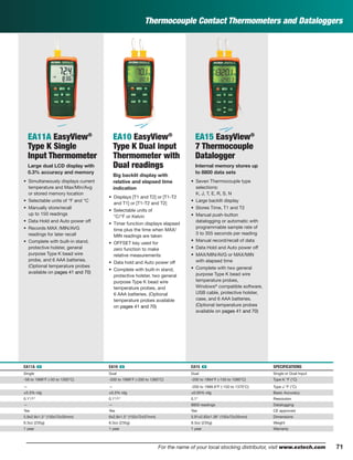 71For the name of your local stocking distributor, visit www.extech.com
Thermocouple Contact Thermometers and Dataloggers
EA11A EasyView®
Type K Single
Input Thermometer
Large dual LCD display with
0.3% accuracy and memory
• Simultaneously displays current
temperature and Max/Min/Avg
or stored memory location
• Selectable units of °F and °C
• Manually store/recall
up to 150 readings
• Data Hold and Auto power off
• Records MAX /MIN/AVG
readings for later recall
• Complete with built-in stand,
protective holster, general
purpose Type K bead wire
probe, and 6 AAA batteries.
(Optional temperature probes
available on pages 41 and 70)
EA10 EasyView®
Type K Dual input
Thermometer with
Dual readings
Big backlit display with
relative and elapsed time
indication
• Displays [T1 and T2] or [T1-T2
and T1] or [T1-T2 and T2]
• Selectable units of
°C/°F or Kelvin
• Timer function displays elapsed
time plus the time when MAX/
MIN readings are taken
• OFFSET key used for
zero function to make
relative measurements
• Data hold and Auto power off
• Complete with built-in stand,
protective holster, two general
purpose Type K bead wire
temperature probes, and
6 AAA batteries. (Optional
temperature probes available
on pages 41 and 70)
EA15 EasyView®
7 Thermocouple
Datalogger
Internal memory stores up
to 8800 data sets
• Seven Thermocouple type
selections:
K, J, T, E, R, S, N
• Large backlit display
• Stores Time, T1 and T2
• Manual push-button
datalogging or automatic with
programmable sample rate of
3 to 355 seconds per reading
• Manual record/recall of data
• Data Hold and Auto power off
• MAX/MIN/AVG or MAX/MIN
with elapsed time
• Complete with two general
purpose Type K bead wire
temperature probes,
Windows®
compatible software,
USB cable, protective holster,
case, and 6 AAA batteries.
(Optional temperature probes
available on pages 41 and 70)
EA11A ං EA10 ං EA15 ං SPECIFICATIONS
Single Dual Dual Single or Dual Input
-58 to 1999°F (-50 to 1300°C) -200 to 1999°F (-200 to 1360°C) -200 to 1994°F (-150 to 1090°C) Type K °F (°C)
— — -200 to 1999.9°F (-150 to 1370°C) Type J °F (°C)
±0.3% rdg ±0.3% rdg ±0.05% rdg Basic Accuracy
0.1°/1° 0.1°/1° 0.1° Resolution
— — 8800 readings Datalogging
Yes Yes Yes CE approved
5.9x2.8x1.3" (150x72x35mm) 6x2.8x1.5" (152x72x37mm) 5.91x2.83x1.38" (150x72x35mm) Dimensions
8.3oz (235g) 8.3oz (235g) 8.3oz (235g) Weight
1 year 1 year 1 year Warranty
 