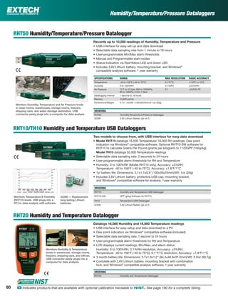 Humidity/Temperature/Pressure Dataloggers
RHT50 Humidity/Temperature/Pressure Datalogger
Records up to 10,000 readings of Humidity, Temperature and Pressure
• USB interface for easy set-up and data download
• Selectable data sampling rate from 1 minute to 18 hours
• User-programmable Min/Max alarm thresholds
• Manual and Programmable start modes
• Status Indication via Red/Yellow LED and Green LED
• Includes 3.6V Lithium battery, mounting bracket, and Windows®
compatible analysis software; 1 year warranty
SPECIFICATIONS RANGE MAX RESOLUTION BASIC ACCURACY
Temperature -40 to 158°F (-40 to 70°C) 0.1°F/°C ±1.8°F/ ±1.0°C
Humidity 0 to 100%RH 0.1%RH ±3.5%RH
Air Pressure 13.7 to 15.2psi, 950 to 1050hPa,
95 to 105kPa, 0.9 to 1.0bar
0.1 ±0.25% FS
Datalogging interval 1 second to 18 hours
Memory 10,000 points
Dimensions/Weight 5.1x1.1x0.98" (130x30x25mm)/ 1oz (20g)
ORDERING
RHT50 Humidity/Temperature/Pressure Datalogger
42299 3.6V Lithium Battery (pk of 2)
RHT10/TH10 Humidity and Temperature USB Dataloggers
Two models to choose from, with USB interface for easy data download
• Model RHT10 datalogs 16,000 Temperature/ 16,000 RH readings; Dew point
indication via Windows®
compatible software; Optional RHT10-SW software for
RHT10 to calculate Grains Per Pound (grams per kilogram) to 1120GPP (160g/kg)
Model TH10 datalogs 32,000 Temperature readings
• Selectable data sampling rate: 2 seconds to 24 hours
• User-programmable alarm thresholds for RH and Temperature
• Humidity: 0 to 100%RH (Model RHT10 only), Accuracy: ±3%RH;
Temperature: -40 to 158°F (-40 to 70°C), Accuracy: ±1.8°F/1°C
• 1yr battery life; Dimensions: 5.1x1.1x0.9" (130x30x25mm)/Wt: 1oz (20g)
• Includes 3.6V Lithium battery, protective USB cap, mounting bracket,
and Windows®
compatible software for analysis; 1year warranty
ORDERING
RHT10 Humidity and Temperature USB Datalogger
RHT10-SW GPP (g/kg) Software for RHT10
TH10 Temperature USB Datalogger
42299 3.6V Lithium Battery (pk of 2)
RHT20 Humidity and Temperature Datalogger
Datalogs 16,000 Humidity and 16,000 Temperature readings
• USB interface for easy setup and data download to a PC
• Dew point indication via Windows®
compatible software (included)
• Selectable data sampling rate: 1 second to 24 hours
• User-programmable alarm thresholds for RH and Temperature
• LCD displays current readings, Min/Max, and alarm status
Humidity: 0 to 100%RH, 0.1%RH resolution, Accuracy: ±3%RH;
Temperature: -40 to 158°F (-40 to 70°C), 0.1°F/°C resolution, Accuracy: ±1.8°F/1°C
• 3 month battery life; Dimensions: 3.7x1.9x1.2" (94.4x48.9x31.2mm)/Wt: 3.2oz (90.7g)
• Complete with 3.6V Lithium battery, mounting bracket with combination
lock, and Windows®
compatible analysis software; 1 year warranty
ORDERING
RHT20 Humidity and Temperature Datalogger
Monitors Humidity, Temperature and Air Pressure levels
in clean rooms, warehouses, storage rooms, freezers,
shipping vans, and water damage restoration. USB
connector easily plugs into a computer for data analysis
Monitors Temperature & Humidity
(RHT10) levels. USB plugs into a
PC for data analysis with software
42299 — Replacement
long lasting Lithium
batteries
Monitors Humidity & Temperature
levels in warehouse, storage rooms,
freezers, shipping vans, and ofﬁces.
USB connector easily plugs into a
computer for data analysis.
80 ං Indicates products that are available with optional calibration traceable to NIST. See page 160 for a complete listing.
 