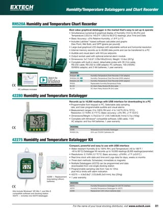 81For the name of your local stocking distributor, visit www.extech.com
Humidity/Temperature Dataloggers and Chart Recorder
PC software included
RH520A Humidity and Temperature Chart Recorder
Best value graphical datalogger in the market that’s easy to set up & operate
• Simultaneous numerical & graphical display of Humidity (10.0 to 95.0%) and
Temperature (-20.0 to 140.0°F /-28.0 to 60.0°C) readings, plus Time and Date
• Basic Accuracy: ±3% Relative Humidity; ±1.8°F (±1°C
• Includes LabView™
-based software calculates and graphs
Dew Point, Wet Bulb, and GPP (grains per pound))
• Large dual graphical LCD displays with adjustable vertical and horizontal resolution
• Internal memory records up to 49,000 data points and can be transferred to a PC
• Audible and visual alarm with Hi/Low setpoints
• Output socket used with optional external alarm module
• Dimensions: 5x7.7x0.9" (129x195x22mm); Weight: 12.6oz (357g)
• Complete with built-in stand, detachable probe with 3ft (1m) cable,
RS-232 cable, RS-232 to USB adaptor, PC software, 100-240VAC
50/60Hz adaptor, and 3 AA batteries; 1 year warranty
ORDERING
RH520A ං Humidity+Temperature Chart Recorder (110V adaptor)
RH520A-220 ං Humidity+Temperature Chart Recorder (220V adaptor)
RH520A-240 ං Humidity+Temperature Chart Recorder (240V adaptor)
RH522 Replaceable Humidity/Temperature Probe
SL123 AC Alarm Relay Module 9ft (3m) cable
SL124 DC Alarm Relay Module 9ft (3m) cable
42280 Humidity and Temperature Datalogger
Records up to 16,000 readings with USB interface for downloading to a PC
• Programmable from keypad or PC, Selectable data sampling
rate, and User programmable audible and visual alarms
• Measurement ranges: 0 to 100% RH and -4 to 144°F(-20 to 70°C);
Resolution: 0.1%RH, 0.1°F/°C; Basic accuracy: ±3% RH, ±1°F /0.6°C
• Dimensions/Weight: 4.75x3.5x1.5" (120.7x88.9x38.1mm)/ 5.7oz (163g)
• Complete with Windows®
compatible software, USB cable, 110V
AC adaptor, and four AA batteries; 1 year warranty
ORDERING
42280 Temperature and Humidity Datalogger
RH300-CAL 33% and 75%RH Calibration Kit
42275 Humidity and Temperature Datalogger Kit
Compact, powerful and easy to use with USB interface
• Water resistant Humidity (0 to 100% RH ) and Temperature (-40 to 185°F /
-40 to 85°C) Datalogger Kit records up to 16,000 readings (8,000 readings/parameter)
• Resolutions: 0.1%RH, 0.1°F/°C; Basic accuracy: ±3%RH, ±1°F (±0.6°C )
• Real time clock with date and time and Logs data for days, weeks or months
• Three start methods: Scheduled, immediate or magnetic
• Multiple Dataloggers (42270) can be programmed and data
downloaded from one single docking station
• Programmable sampling rate from 1sec to 12hrs
plus Hi/Lo limits with alarm indication
• 42275 — 4.9x3.8x2" (123.8x95.3x51mm); 9oz (254g)
• 1 year warranty
ORDERING
42275 Humidity/Temperature Datalogger Kit with PC Interface
42270 Humidity/Temperature Datalogger for 42275
42299 Replacement 3.6V Lithium batteries (2pk)Kits Include Windows®
XP, Win 7, and Win 8
compatible software and docking station
42275 — includes one 42270 datalogger.
42299 — Replacement
long lasting Lithium
batteries
Watch the
www.extech.com/video
Video
 
