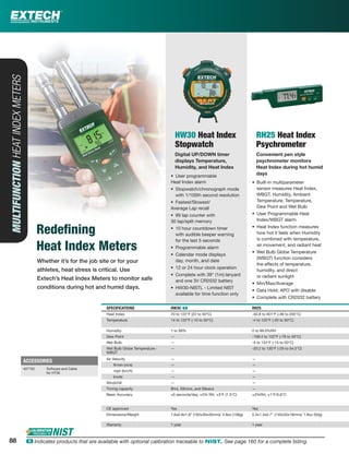 88 ං Indicates products that are available with optional calibration traceable to NIST. See page 160 for a complete listing.
Whether it’s for the job site or for your
athletes, heat stress is critical. Use
Extech’s Heat Index Meters to monitor safe
conditions during hot and humid days.
MULTIFUNCTIONHEATINDEXMETERS
Redeﬁning
Heat Index Meters
HW30 Heat Index
Stopwatch
Digital UP/DOWN timer
displays Temperature,
Humidity, and Heat Index
• User programmable
Heat Index alarm
• Stopwatch/chronograph mode
with 1/100th second resolution
• Fastest/Slowest/
Average Lap recall
• 99 lap counter with
30 lap/split memory
• 10 hour countdown timer
with audible beeper warning
for the last 5 seconds
• Programmable alarm
• Calendar mode displays
day, month, and date
• 12 or 24 hour clock operation
• Complete with 39" (1m) lanyard
and one 3V CR2032 battery
• HW30-NISTL - Limited NIST
available for time function only
RH25 Heat Index
Psychrometer
Convenient pen style
psychrometer monitors
Heat Index during hot humid
days
• Built-in multiparameter
sensor measures Heat Index,
WBGT, Humidity, Ambient
Temperature, Temperature,
Dew Point and Wet Bulb
• User Programmable Heat
Index/WBGT alarm
• Heat Index function measures
how hot it feels when Humidity
is combined with temperature,
air movement, and radiant heat
• Wet Bulb Globe Temperature
(WBGT) function considers
the effects of temperature,
humidity, and direct
or radiant sunlight
• Min/Max/Average
• Data Hold; APO with disable
• Complete with CR2032 battery
SPECIFICATIONS HW30 ං RH25
Heat Index 70 to 122°F (22 to 50°C) -50.8 to 401°F (-46 to 205°C)
Temperature 14 to 122°F (-10 to 50°C) -4 to 122°F (-20 to 50°C)
Humidity 1 to 99% 0 to 99.9%RH
Dew Point — -108.4 to 122°F (-78 to 50°C)
Wet Bulb — -4 to 122°F (-15 to 50°C)
Wet Bulb Globe Temperature -
WBGT
— -20.2 to 130°F (-29 to 54.5°C)
Air Velocity — —
ft/min (m/s) — —
mph (km/h) — —
knots — —
Windchill — —
Timing capacity 9hrs, 59mins, and 59secs —
Basic Accuracy ±5 seconds/day, ±5% RH, ±3°F (1.5°C) ±3%RH, ±1°F/0.6°C
CE approved Yes Yes
Dimensions/Weight 7.6x0.8x1.8" (192x30x45mm)/ 3.8oz (108g) 5.5x1.4x0.7" (140x35x18mm)/ 1.8oz (50g)
Warranty 1 year 1 year
ACCESSORIES
407752 Software and Cable
for HT30
88
 
