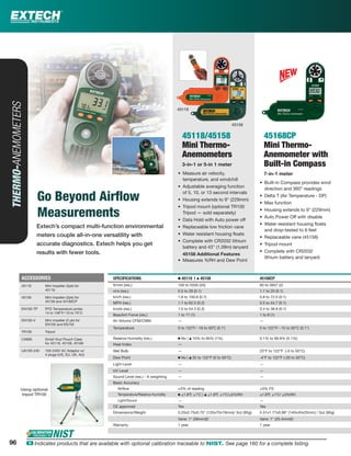 96 ං Indicates products that are available with optional calibration traceable to NIST. See page 160 for a complete listing.
Extech’s compact multi-function environmental
meters couple all-in-one versatility with
accurate diagnostics. Extech helps you get
results with fewer tools.
THERMO-ANEMOMETERS
Go Beyond Airﬂow
Measurements
45118/45158
Mini Thermo-
Anemometers
3-in-1 or 5-in 1 meter
• Measure air velocity,
temperature, and windchill
• Adjustable averaging function
of 5, 10, or 13 second intervals
• Housing extends to 9" (229mm)
• Tripod mount (optional TR100
Tripod — sold separately)
• Data Hold with Auto power off
• Replaceable low friction vane
• Water resistant housing ﬂoats
• Complete with CR2032 lithium
battery and 43" (1.09m) lanyard
45158 Additional Features
• Measures %RH and Dew Point
45168CP
Mini Thermo-
Anemometer with
Built-in Compass
7-in-1 meter
• Built-in Compass provides wind
direction and 360° readings
• Delta T (Air Temperature - DP)
• Max function
• Housing extends to 9" (229mm)
• Auto Power Off with disable
• Water resistant housing ﬂoats
and drop-tested to 6 feet
• Replaceable vane (45156)
• Tripod mount
• Complete with CR2032
lithium battery and lanyard
SPECIFICATIONS Ⅲ 45118 | ᮡ 45158 45168CP
ft/min (res.) 100 to 5500 (20) 60 to 3937 (2)
m/s (res.) 0.5 to 28 (0.1) 1.1 to 20 (0.1)
km/h (res.) 1.8 to 100.6 (0.7) 0.8 to 72.0 (0.1)
MPH (res.) 1.1 to 62.5 (0.2) 0.5 to 44.7 (0.1)
knots (res.) 1.0 to 54.3 (0.3) 0.4 to 38.8 (0.1)
Beaufort Force (res.) 1 to 17 (1) 1 to 8 (1)
Air Volume CFM/CMM — —
Temperature 0 to 122˚F/ -18 to 50˚C (0.1˚) 5 to 122°F/ -15 to 50°C (0.1°)
Relative Humidity (res.) Ⅲ No | ᮡ 10% to 95% (1%) 0.1% to 99.9% (0.1%)
Heat Index —
Wet Bulb — 23°F to 122°F (-5 to 50°C)
Dew Point Ⅲ No | ᮡ 32 to 122°F (0 to 50°C) -4°F to 122°F (-20 to 50°C)
Light Level — —
UV Level — —
Sound Level (res.) - A weighting — —
Basic Accuracy
Airﬂow ±3% of reading ±3% FS
Temperature/Relative Humidity Ⅲ ±1.8˚F, ±1˚C | ᮡ ±1.8˚F, ±1˚C/±5%RH ±1.8˚F, ±1˚C/ ±3%RH
Light/Sound — —
CE approved Yes Yes
Dimensions/Weight 5.25x2.75x0.75" (133x70x19mm)/ 3oz (95g) 5.51x1.77x0.98" (140x45x25mm) / 3oz (95g)
Vane: 1" (26mm)D Vane: 1" (25.4mm)D
Warranty 1 year 1 year
ACCESSORIES
45116 Mini Impeller (2pk) for
45118
45156 Mini Impeller (2pk) for
45158 and 45168CP
EN100-TP RTD Temperature probe
14 to 158°F/-10 to 70°C
EN100-V Mini impeller (2 pk) for
EN100 and EN150
TR100 Tripod
CA895 Small Vinyl Pouch Case
for 45118, 45158, 45168
UA100-240 100-240V AC Adaptor w/
4 plugs (US, EU, UK, AU)
96
45158
45118
Using optional
tripod TR100
 