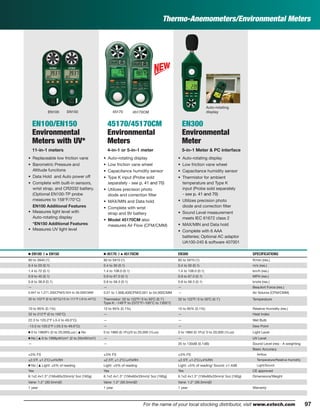 97For the name of your local stocking distributor, visit www.extech.com 97
Thermo-Anemometers/Environmental Meters
EN100/EN150
Environmental
Meters with UV*
11-in-1 meters
• Replaceable low friction vane
• Barometric Pressure and
Altitude functions
• Data Hold and Auto power off
• Complete with built-in sensors,
wrist strap, and CR2032 battery.
(Optional EN100-TP probe
measures to 158°F/70°C)
EN100 Additional Features
• Measures light level with
Auto-rotating display
*EN150 Additional Features
• Measures UV light level
45170/45170CM
Environmental
Meters
4-in-1 or 5-in-1 meter
• Auto-rotating display
• Low friction vane wheel
• Capacitance humidity sensor
• Type K input (Probe sold
separately - see p. 41 and 70)
• Utilizes precision photo
diode and correction ﬁlter
• MAX/MIN and Data hold
• Complete with wrist
strap and 9V battery
• Model 45170CM also
measures Air Flow (CFM/CMM)
EN300
Environmental
Meter
5-in-1 Meter & PC interface
• Auto-rotating display
• Low friction vane wheel
• Capacitance humidity sensor
• Thermistor for ambient
temperature and Type K
input (Probe sold separately
- see p. 41 and 70)
• Utilizes precision photo
diode and correction ﬁlter
• Sound Level measurement
meets IEC 61672 class 2
• MAX/MIN and Data hold
• Complete with 6 AAA
batteries; Optional AC adaptor
UA100-240 & software 407001
Ⅲ EN100 | ᮡ EN150 Ⅲ 45170 | ᮡ 45170CM EN300 SPECIFICATIONS
80 to 3940 (1) 80 to 5910 (1) 80 to 5910 (1) ft/min (res.)
0.4 to 20 (0.1) 0.4 to 30 (0.1) 0.4 to 30 (0.1) m/s (res.)
1.4 to 72 (0.1) 1.4 to 108.0 (0.1) 1.4 to 108.0 (0.1) km/h (res.)
0.9 to 45 (0.1) 0.9 to 67.0 (0.1) 0.9 to 67.0 (0.1) MPH (res.)
0.8 to 38.8 (0.1) 0.8 to 58.3 (0.1) 0.8 to 58.3 (0.1) knots (res.)
— — — Beaufort Force (res.)
0.847 to 1,271,300CFM/0.024 to 36,000CMM 0.01 to 1,908,400CFM/0.001 to 54,000CMM — Air Volume (CFM/CMM)
32 to 122°F (0 to 50°C)/15 to 111°F (-9 to 44°C) Thermistor: 32 to 122˚F/ 0 to 50˚C (0.1˚)
Type K: -148°F to 2372°F/-100°C to 1300°C
32 to 122˚F/ 0 to 50˚C (0.1˚) Temperature
10 to 95% (0.1%) 10 to 95% (0.1%) 10 to 95% (0.1%) Relative Humidity (res.)
32 to 212°F (0 to 100°C) — — Heat Index
22.3 to 120.2°F (-5.4 to 49.0°C) — — Wet Bulb
-13.5 to 120.2°F (-25.3 to 49.0°C) — — Dew Point
Ⅲ 0 to 1860Fc (0 to 20,000Lux) | ᮡ No 0 to 1860 (0.1Fc)/0 to 20,000 (1Lux) 0 to 1860 (0.1Fc)/ 0 to 20,000 (1Lux) Light Level
Ⅲ No | ᮡ 0 to 1999µW/cm2
(2 to 20mW/cm2
) — — UV Level
— — 35 to 130dB (0.1dB) Sound Level (res) - A weighting
Basic Accuracy
±3% FS ±3% FS ±3% FS Airﬂow
±2.5˚F, ±1.2˚C/±4%RH ±2.5˚F, ±1.2˚C/±4%RH ±2.5˚F, ±1.2˚C/±4%RH Temperature/Relative Humidity
Ⅲ No | ᮡ Light: ±5% of reading Light: ±5% of reading Light: ±5% of reading/ Sound: ±1.4dB Light/Sound
Yes Yes Yes CE approved
6.1x2.4x1.3" (156x60x33mm)/ 5oz (160g) 6.1x2.4x1.3" (156x60x33mm)/ 5oz (160g) 6.1x2.4x1.3" (156x60x33mm)/ 5oz (160g) Dimensions/Weight
Vane: 1.2" (30.5mm)D Vane: 1.2" (30.5mm)D Vane: 1.2" (30.5mm)D
1 year 1 year 1 year Warranty
EN100 EN150 45170 45170CM
Auto-rotating
display
 
