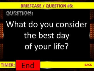 What do you consider
the best day
of your life?
BACK
1:000:590:580:570:560:550:540:530:520:510:500:490:480:470:460:450:440:430:420:410:400:390:380:370:360:350:340:330:320:310:300:290:280:270:260:250:240:230:220:210:200:190:180:170:160:150:140:130:120:110:100:090:080:070:060:050:040:030:020:01End
 