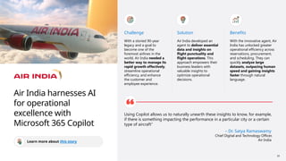 18
Air India harnesses AI
for operational
excellence with
Microsoft 365 Copilot
Learn more about this story
Challenge
With a storied 90-year
legacy and a goal to
become one of the
foremost airlines in the
world, Air India needed a
better way to manage its
rapid growth effectively,
streamline operational
efficiency, and enhance
the customer and
employee experience.
Solution
Air India developed an
agent to deliver essential
data and insights on
flight punctuality and
flight operations. This
approach empowers their
business leaders with
valuable insights to
optimize operational
decisions.
Benefits
With the innovative agent, Air
India has unlocked greater
operational efficiency across
reservations, procurement,
and scheduling. They can
quickly analyze large
datasets, outpacing human
speed and gaining insights
faster through natural
language.
Using Copilot allows us to naturally unearth these insights to know, for example,
if there is something impacting the performance in a particular city or a certain
type of aircraft”
– Dr. Satya Ramaswamy
Chief Digital and Technology Officer,
Air India
 
