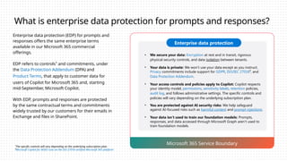 What is enterprise data protection for prompts and responses?
Enterprise data protection (EDP) for prompts and
responses offers the same enterprise terms
available in our Microsoft 365 commercial
offerings.
EDP refers to controls¹ and commitments, under
the Data Protection Addendum (DPA) and
Product Terms, that apply to customer data for
users of Copilot for Microsoft 365 and, starting
mid-September, Microsoft Copilot.
With EDP, prompts and responses are protected
by the same contractual terms and commitments
widely trusted by our customers for their emails in
Exchange and files in SharePoint.
Microsoft 365 Service Boundary
• We secure your data: Encryption at rest and in transit, rigorous
physical security controls, and data isolation between tenants.
• Your data is private: We won’t use your data except as you instruct.
Privacy commitments include support for GDPR, ISO/IEC 27018², and
Data Protection Addendum.
• Your access controls and policies apply to Copilot: Copilot respects
your identity model, permissions, sensitivity labels, retention policies,
audit log, and follows administrative settings. The specific controls and
policies will vary depending on the underlying subscription plan.
• You are protected against AI security risks: We help safeguard
against AI-focused risks such as harmful content and prompt injections.
• Your data isn’t used to train our foundation models: Prompts,
responses, and data accessed through Microsoft Graph aren’t used to
train foundation models.
Enterprise data protection
¹The specific controls will vary depending on the underlying subscription plan.
²Microsoft Copilot for M365 runs on the ISO 27018 certified Microsoft 365 platform
 