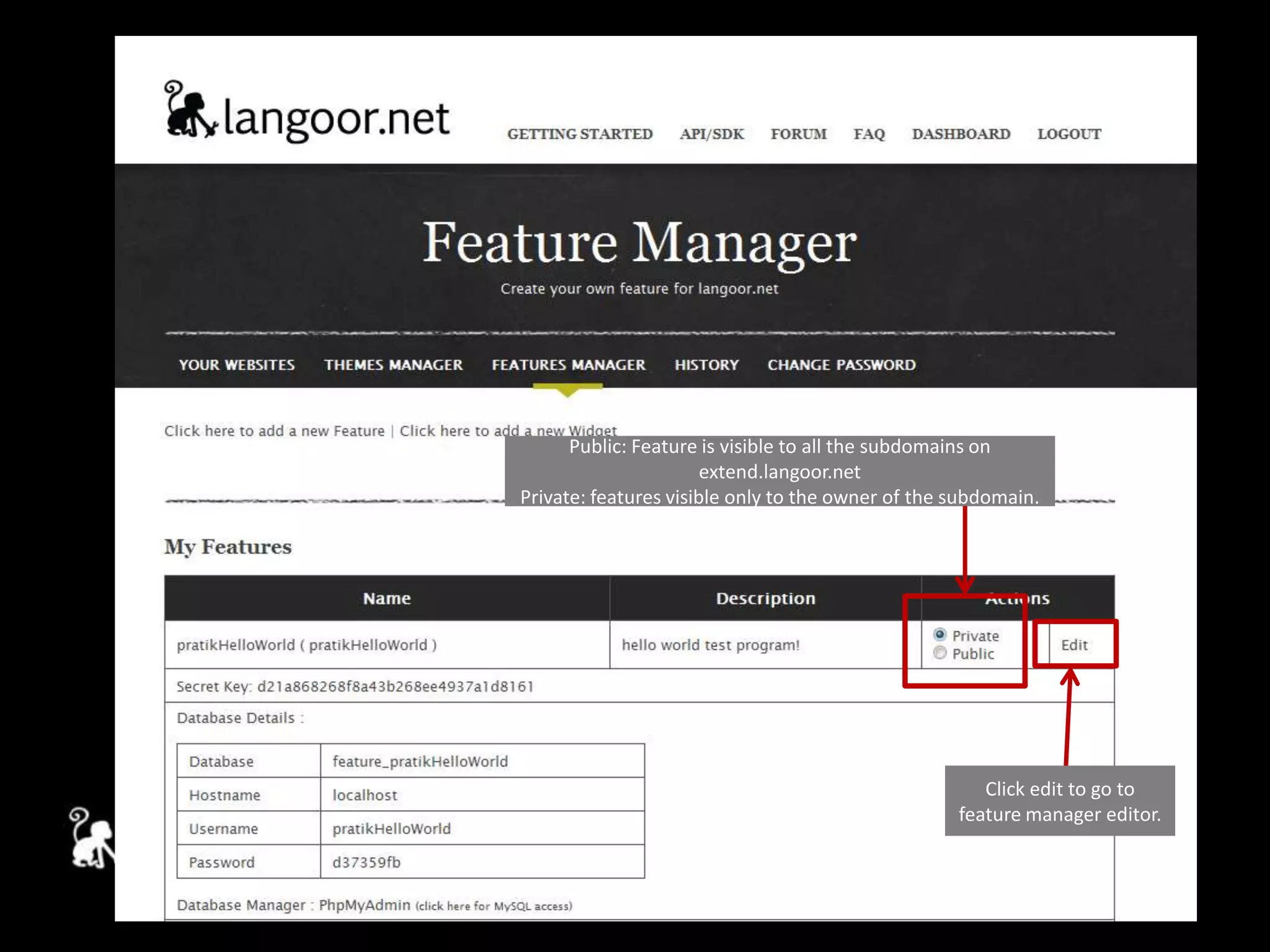 Public: Feature is visible to all the subdomains on extend.langoor.netPrivate: features visible only to the owner of the subdomain.Click edit to go to feature manager editor.