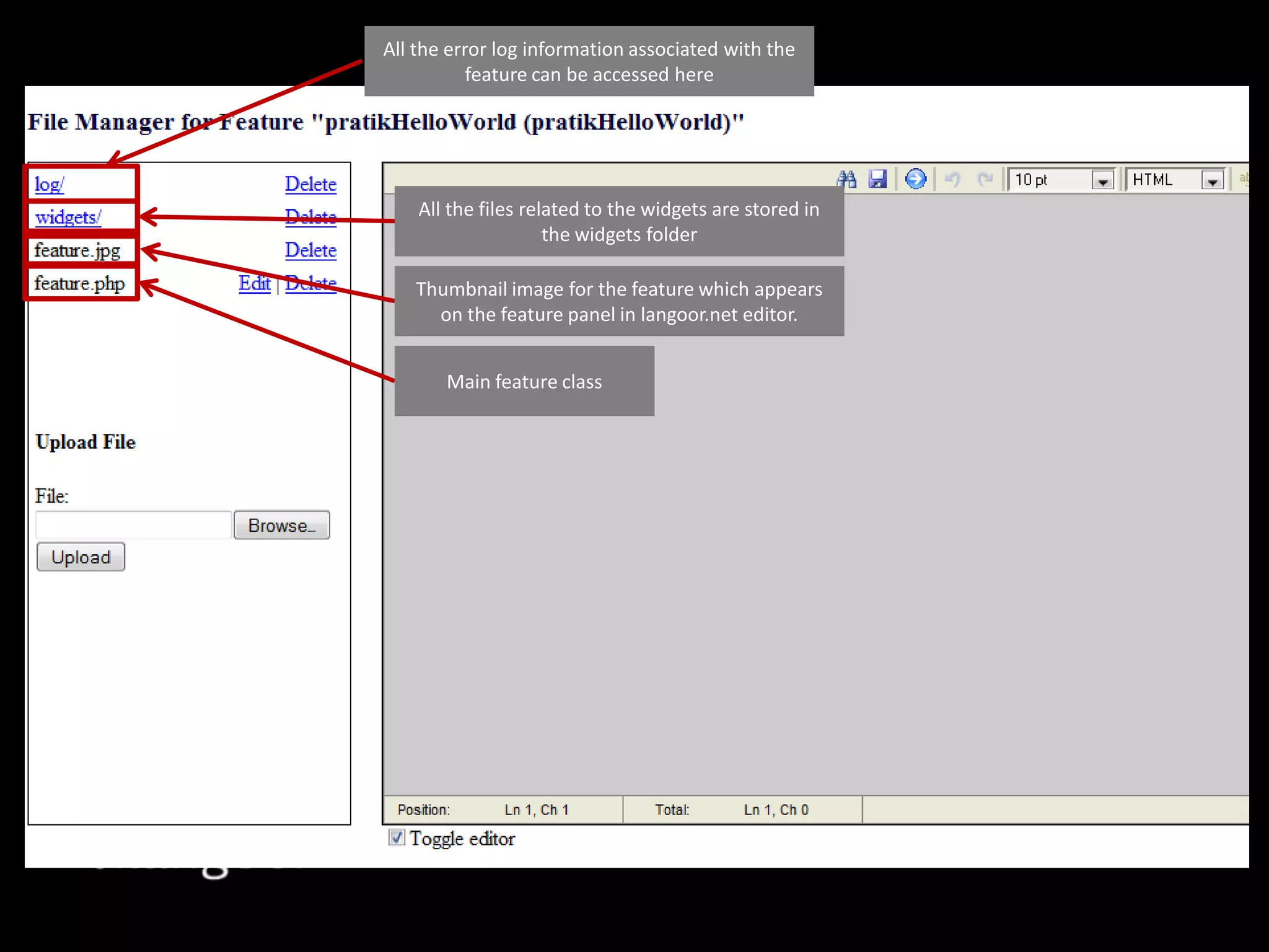 All the error log information associated with the feature can be accessed hereAll the files related to the widgets are stored in the widgets folder Thumbnail image for the feature which appears on the feature panel in langoor.net editor.Main feature class