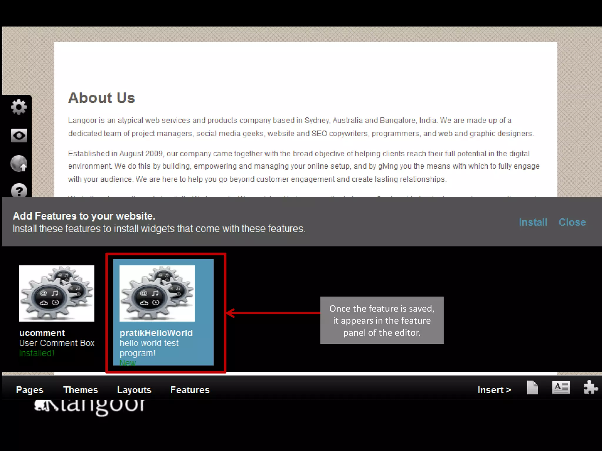 Once the feature is saved, it appears in the feature panel of the editor.