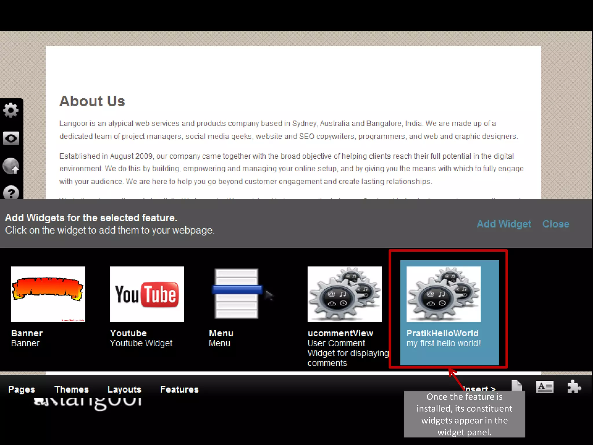 Once the feature is installed, its constituent widgets appear in the widget panel.