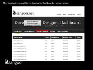 After logging in, you will be re-directed to Dashboard as shown below.Click on Features Manager to start Development of features
